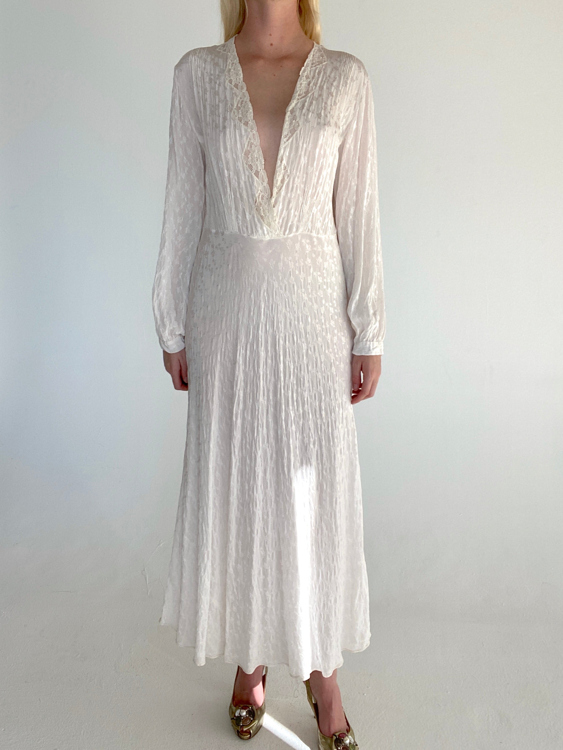 1930's White Long Sleeve Embossed Silk Dress