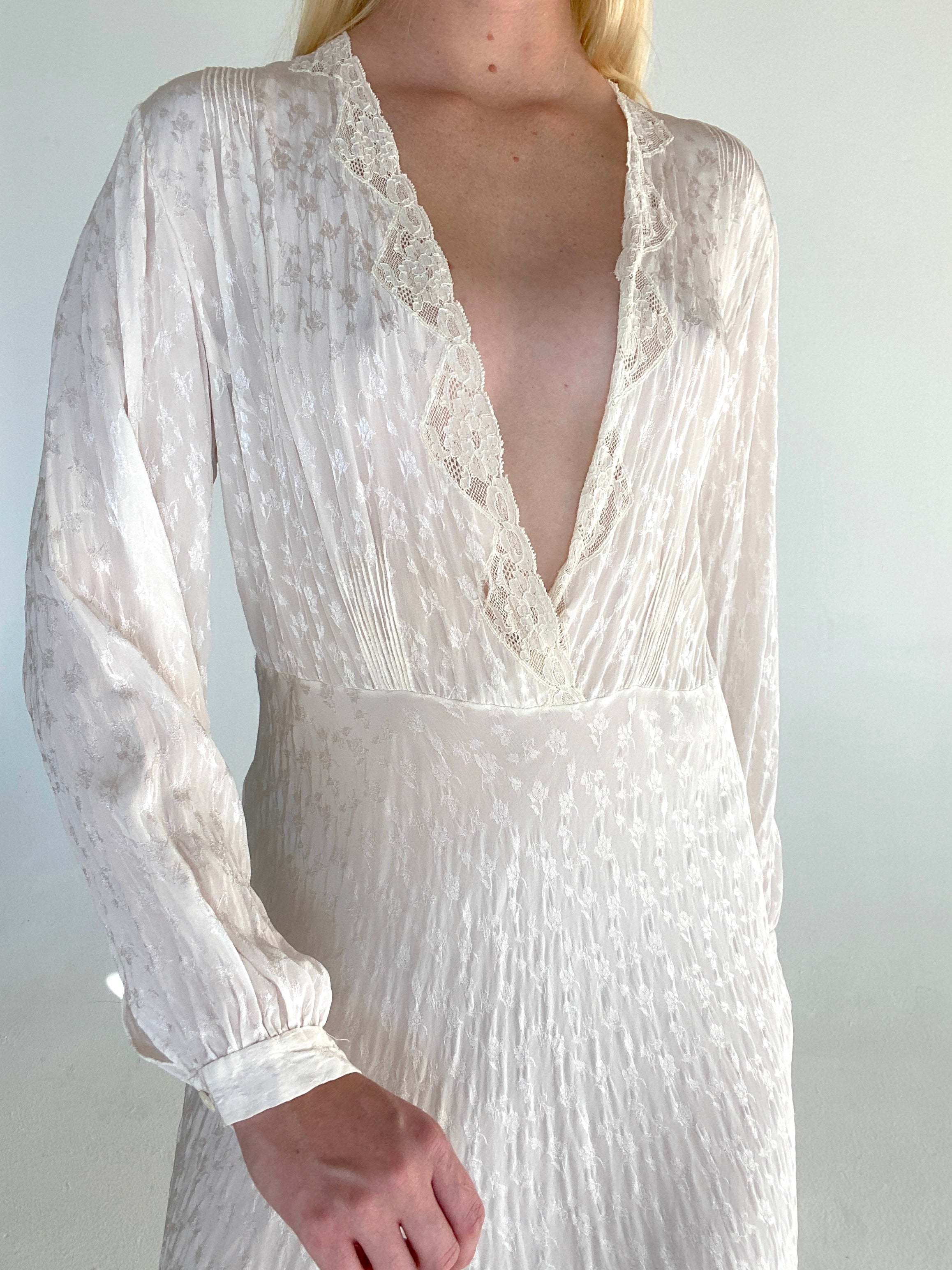 1930's White Long Sleeve Embossed Silk Dress