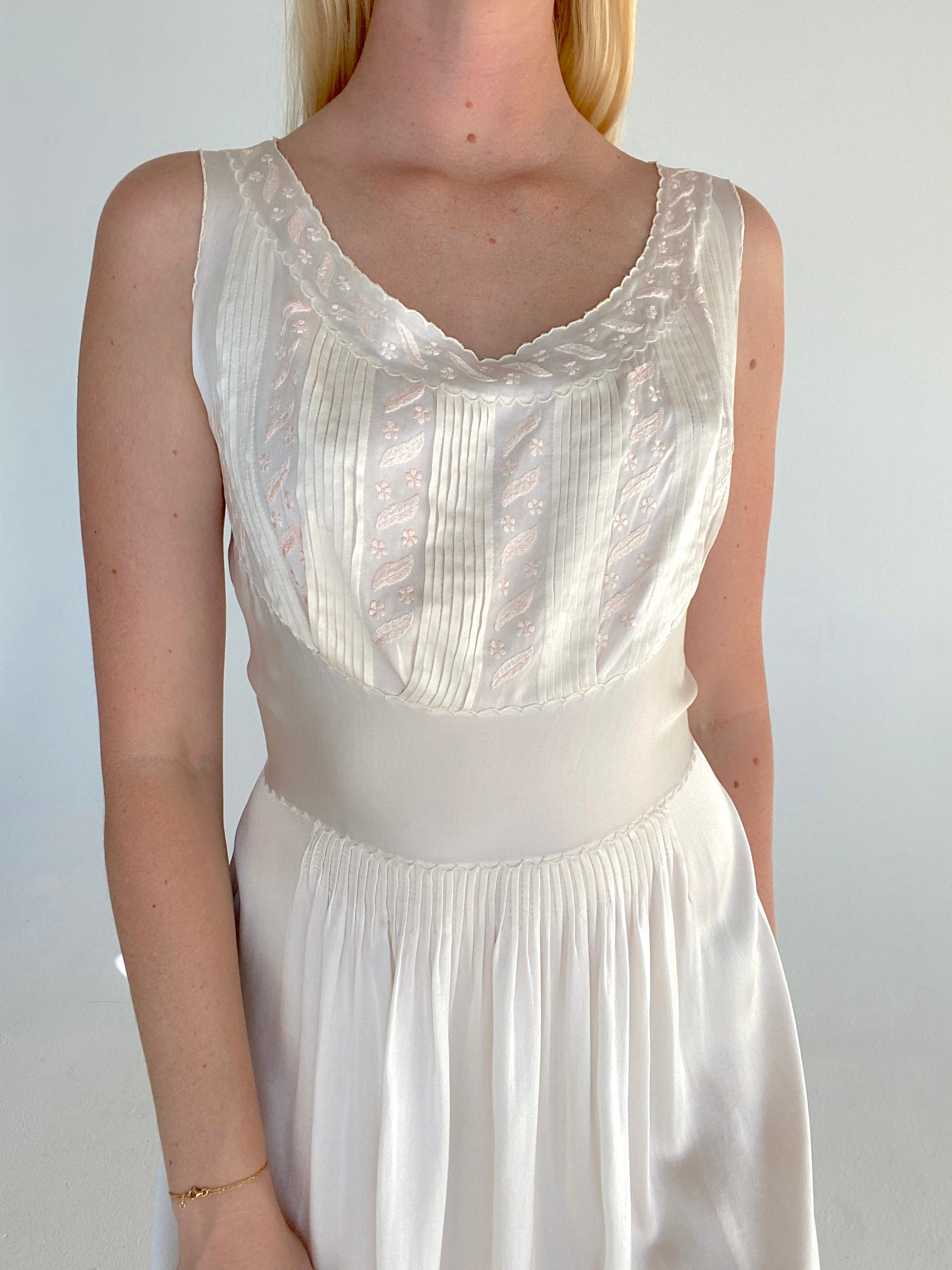 1930's Off White Silk Dress with Pale Pink Embroidery