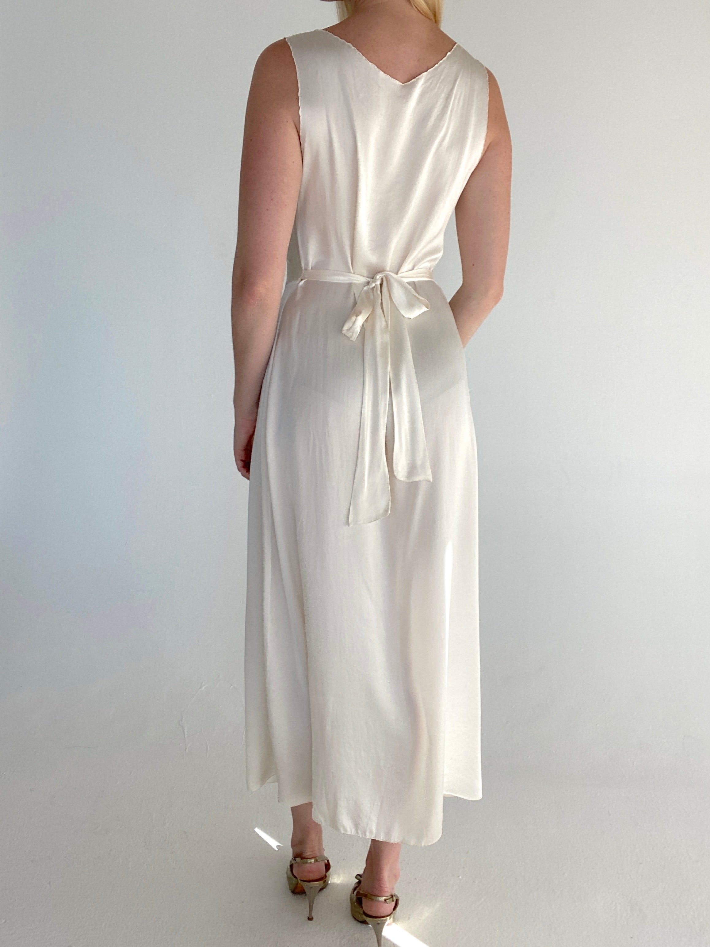 1930's Off White Silk Dress with Pale Pink Embroidery