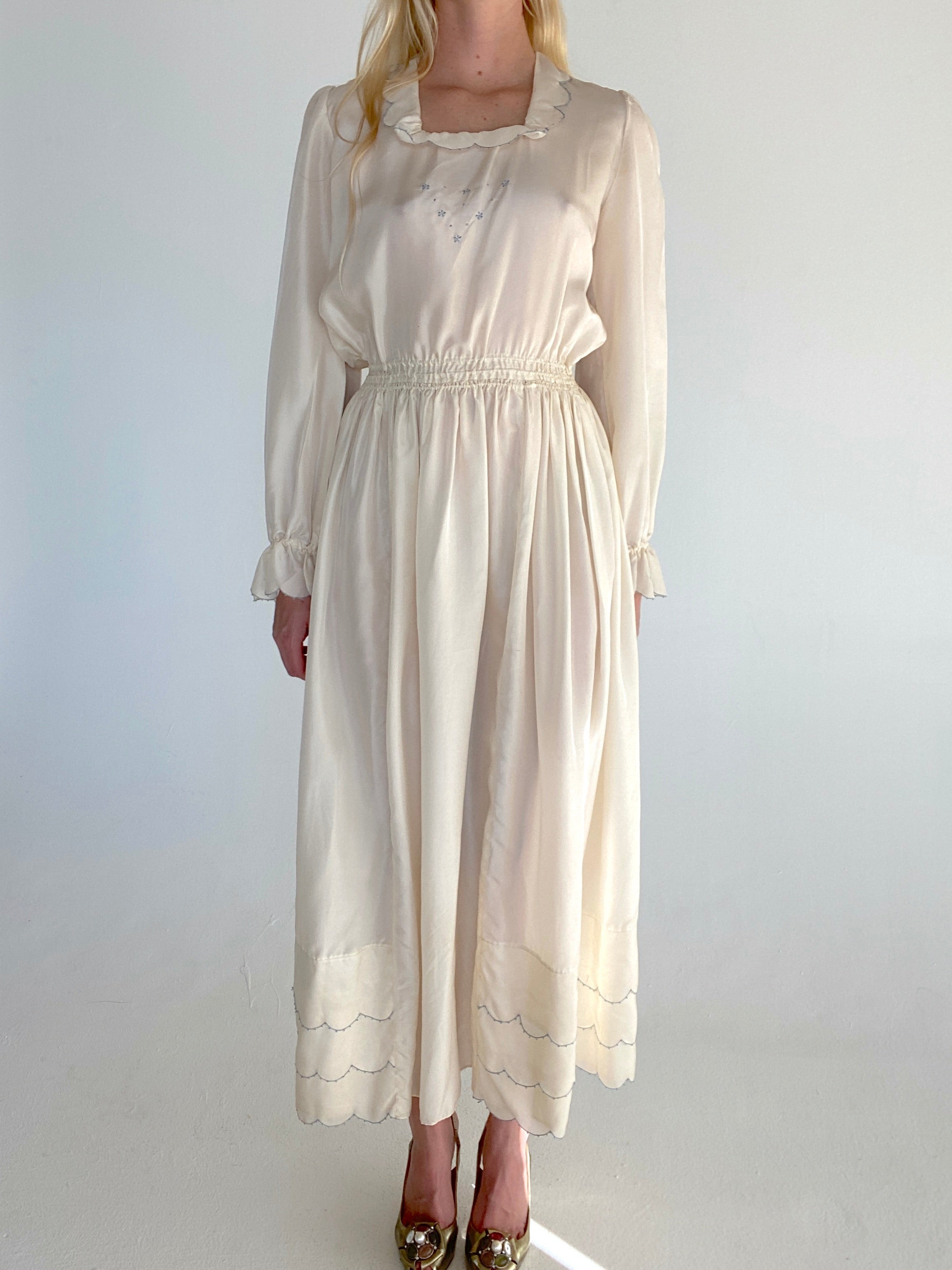 1930's Off White Silk Long Sleeve Dress with Blue Embroidery