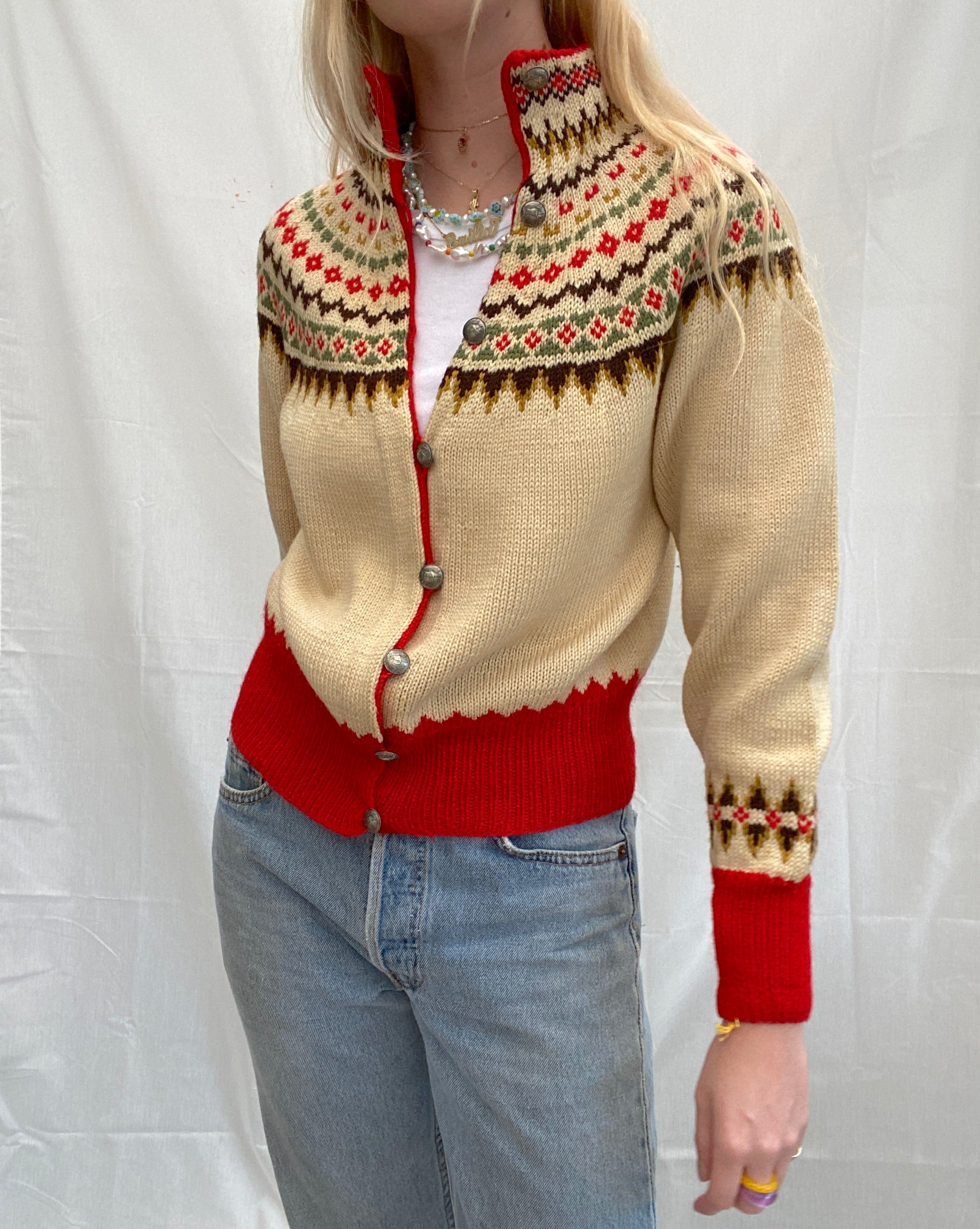 Cream Nordic Cardigan With Multicolor Pattern and High Neck.