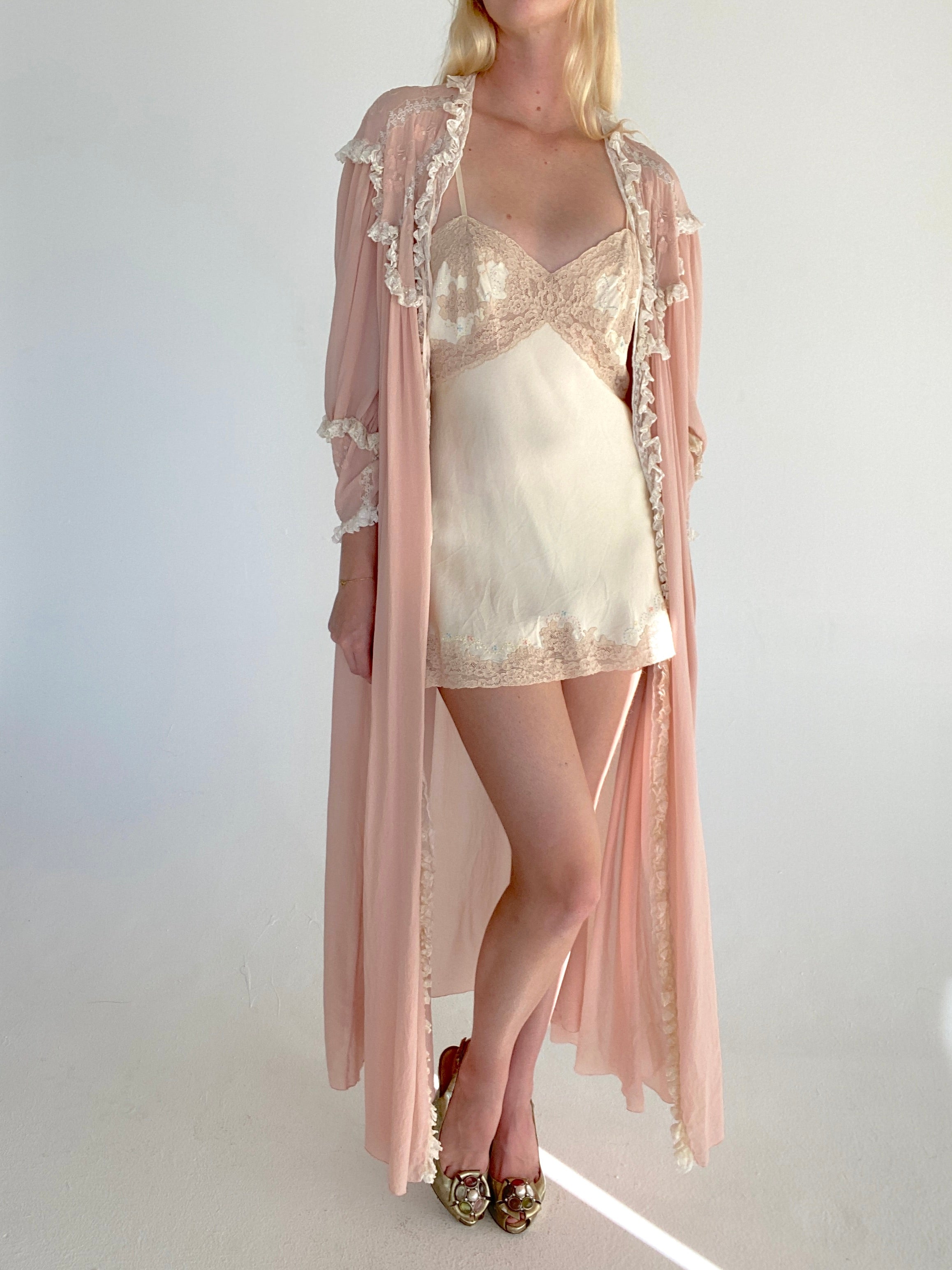1930's Cream Silk Short Slip with Floral Embroidery