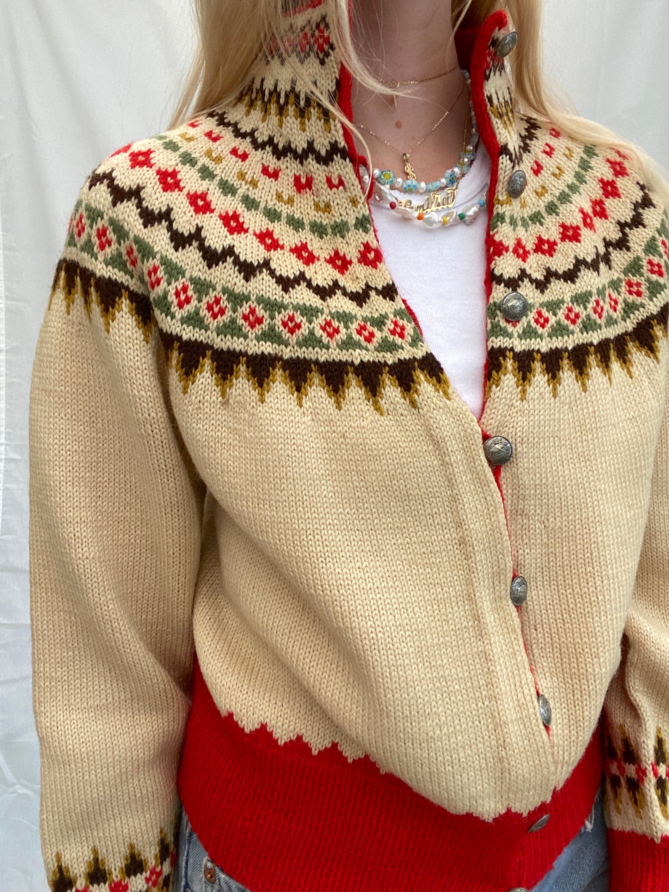 Cream Nordic Cardigan With Multicolor Pattern and High Neck.