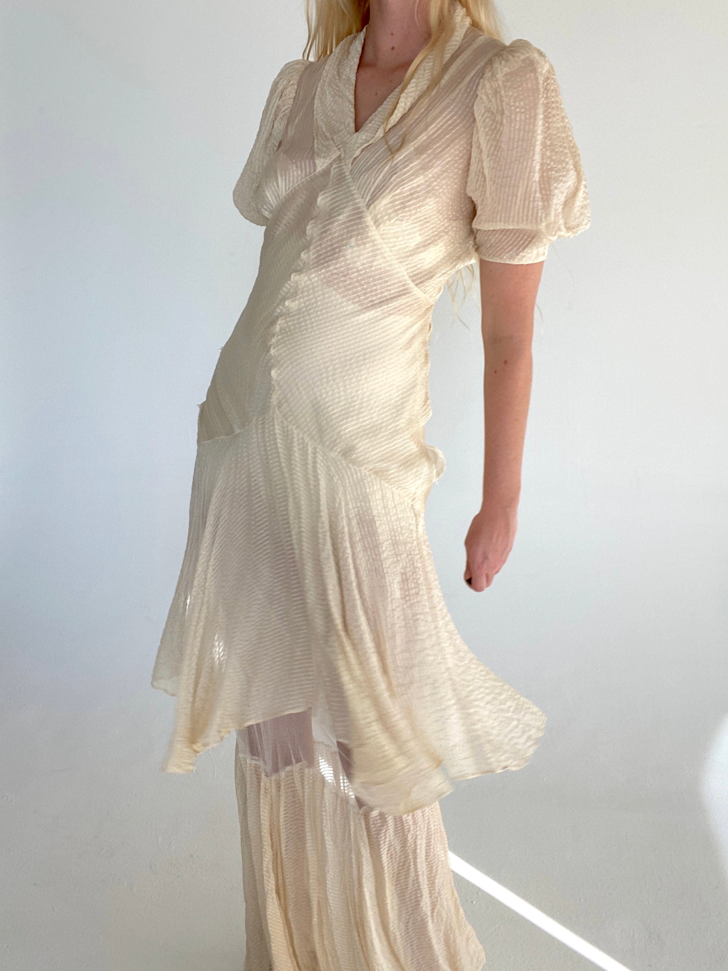 1920's Cream Silk Puffed Sleeve Striped Gown