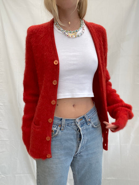 Fuzzy hotsell red cardigan