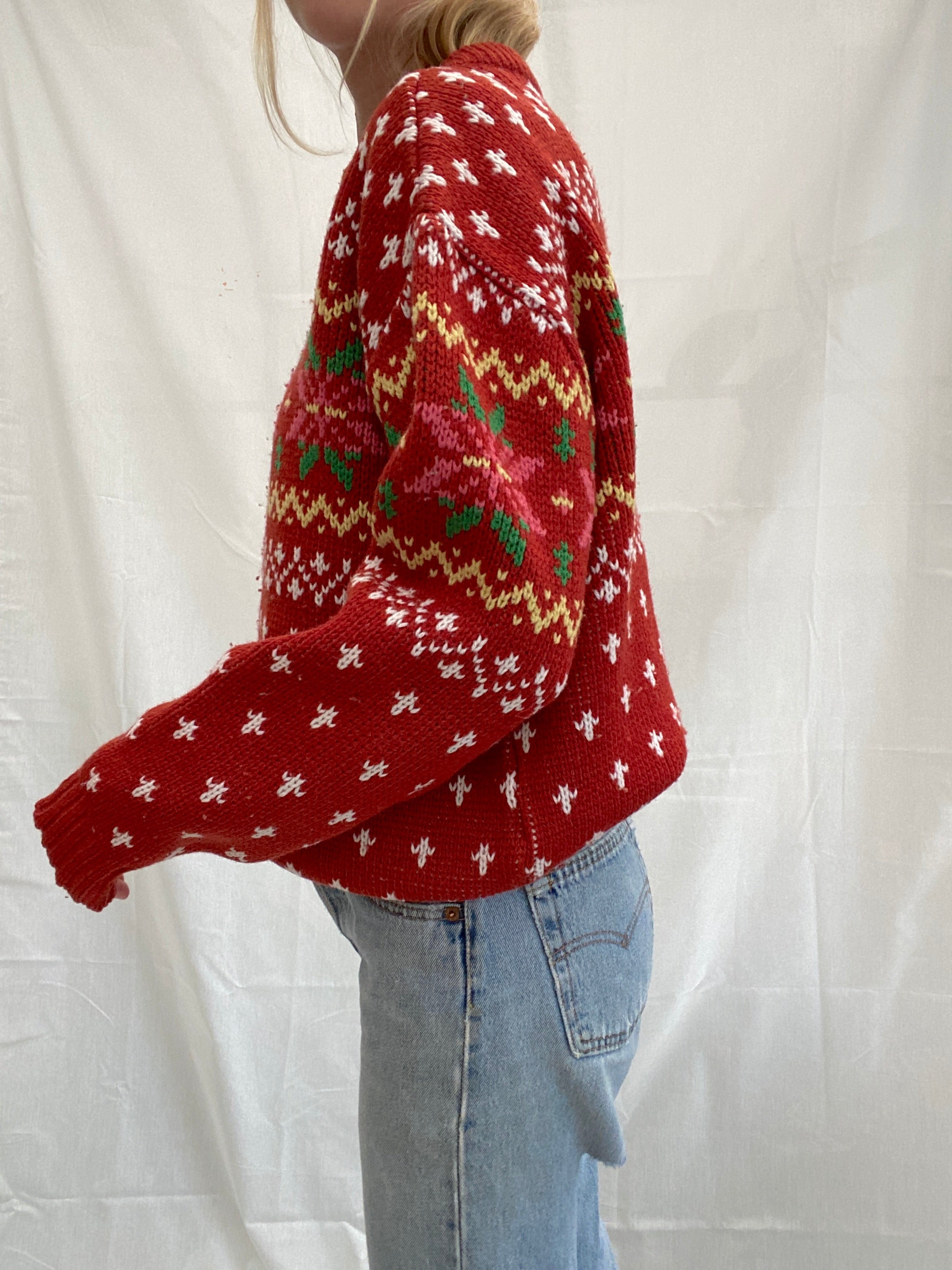 Strawberry Knit Crewneck with Winter Pattern