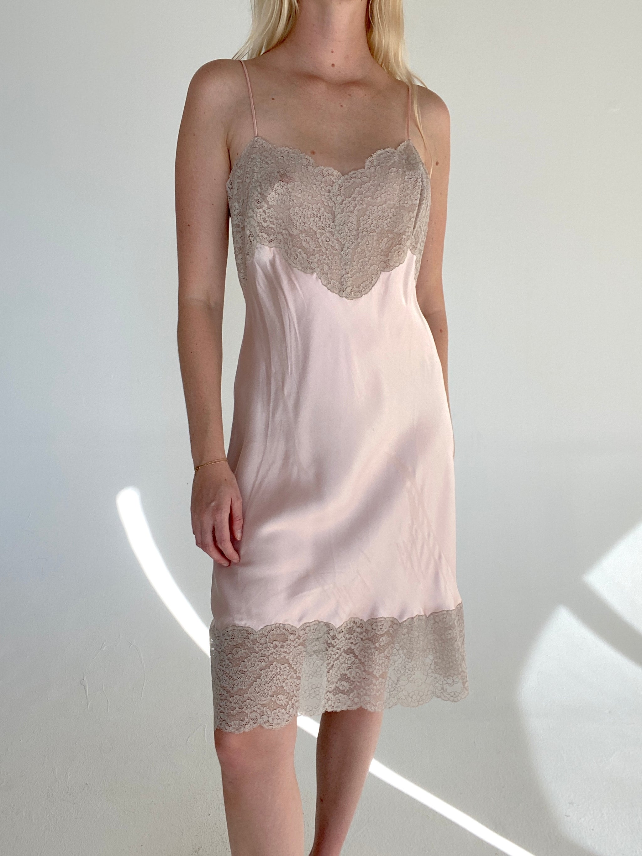 1940's Pink Silk Slip with Cream Lace – Eveliina Vintage