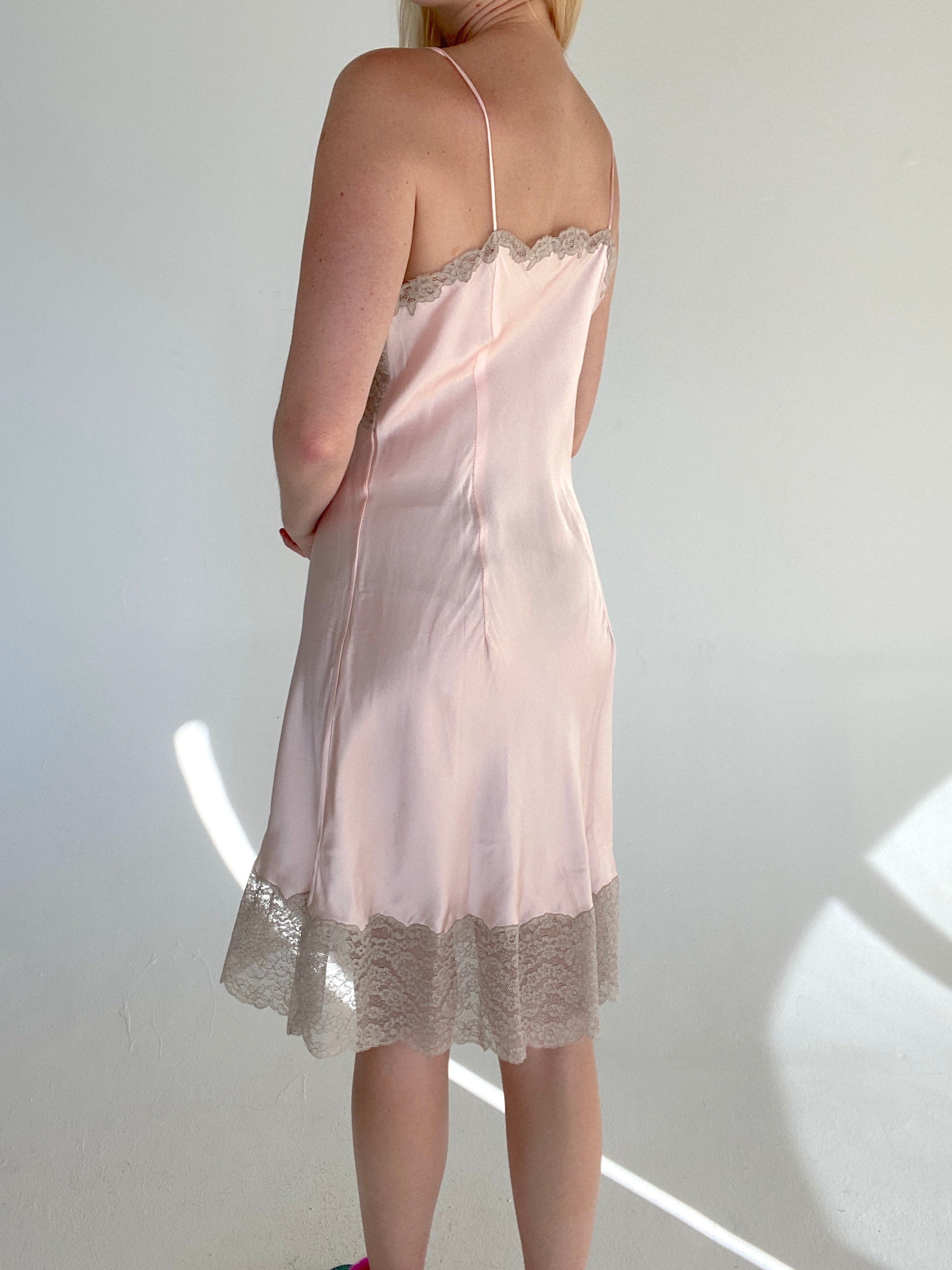 1940's Pink Silk Slip with Cream Lace