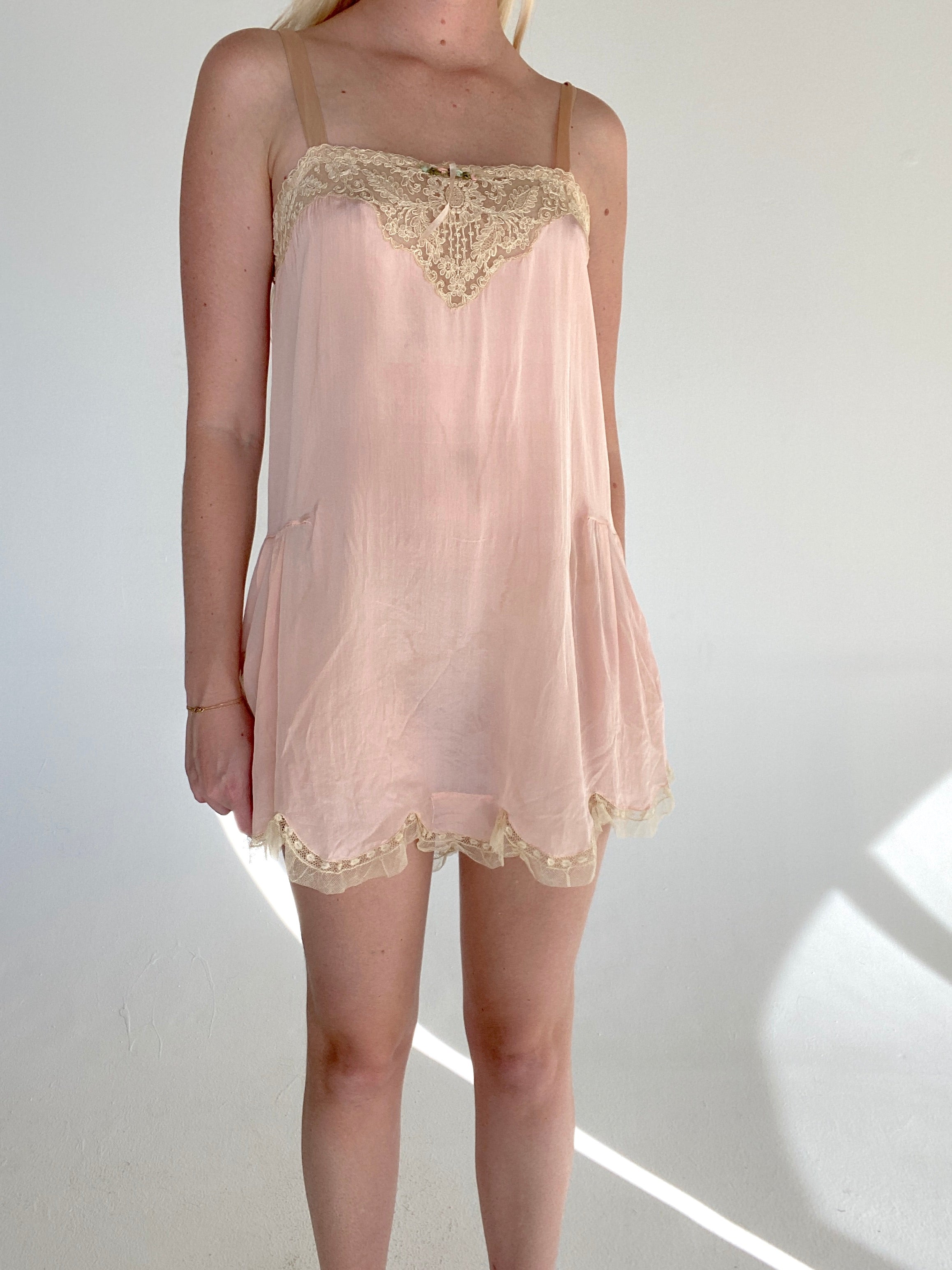 1920's Pink Silk Step In with Cream Lace