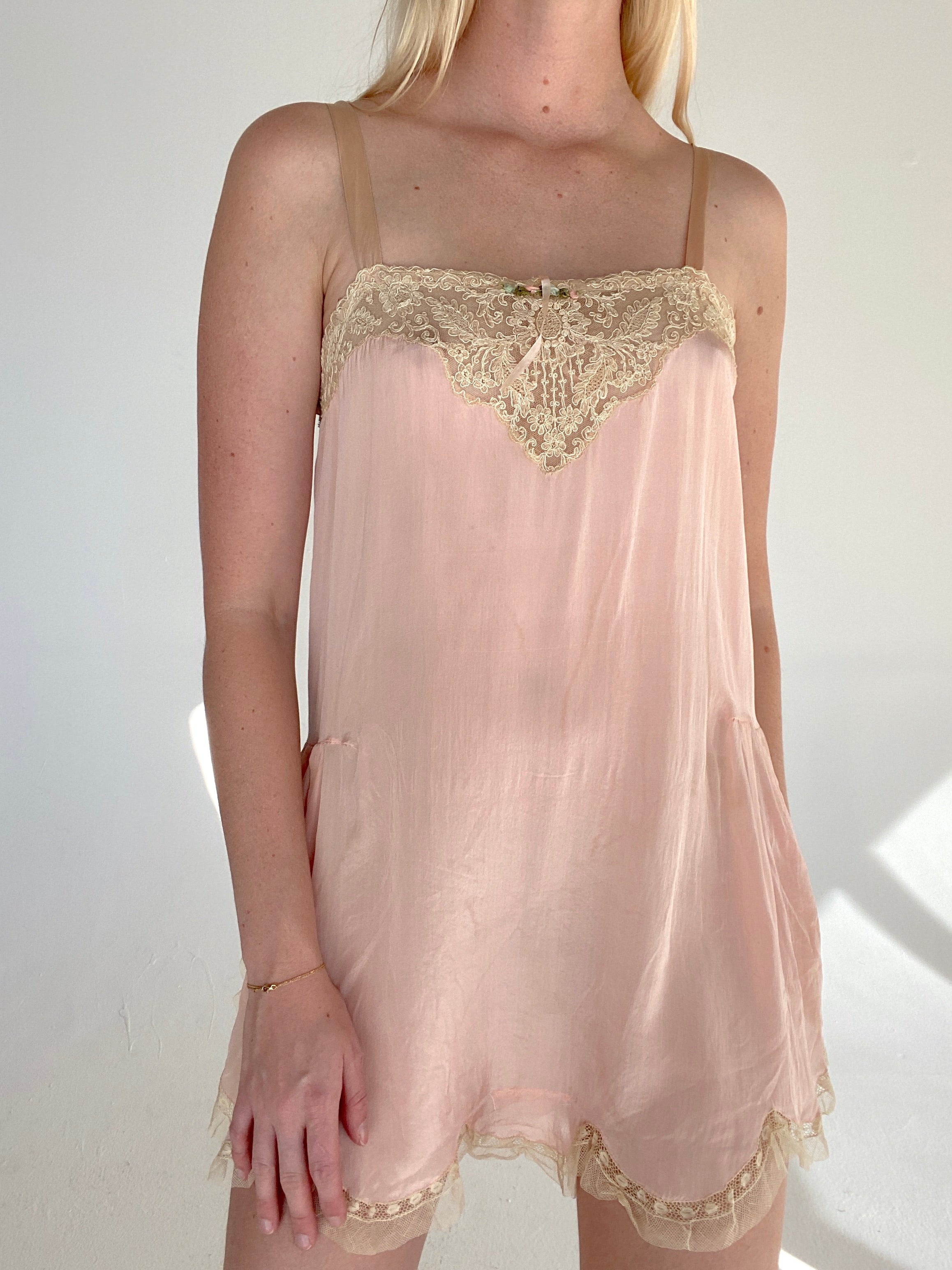 1920's Pink Silk Step In with Cream Lace