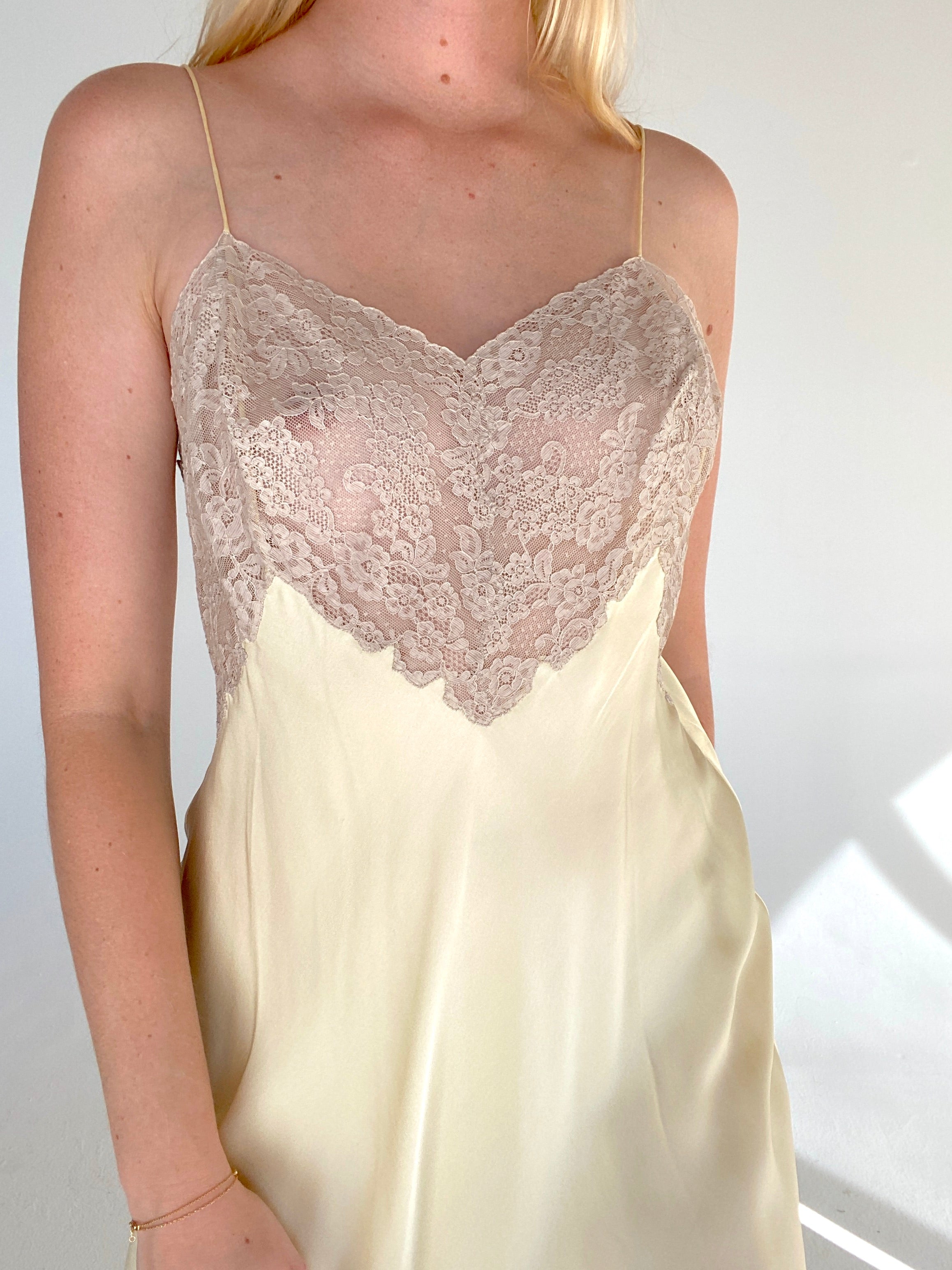 1940's Pale Yellow Silk Slip with Cream Lace