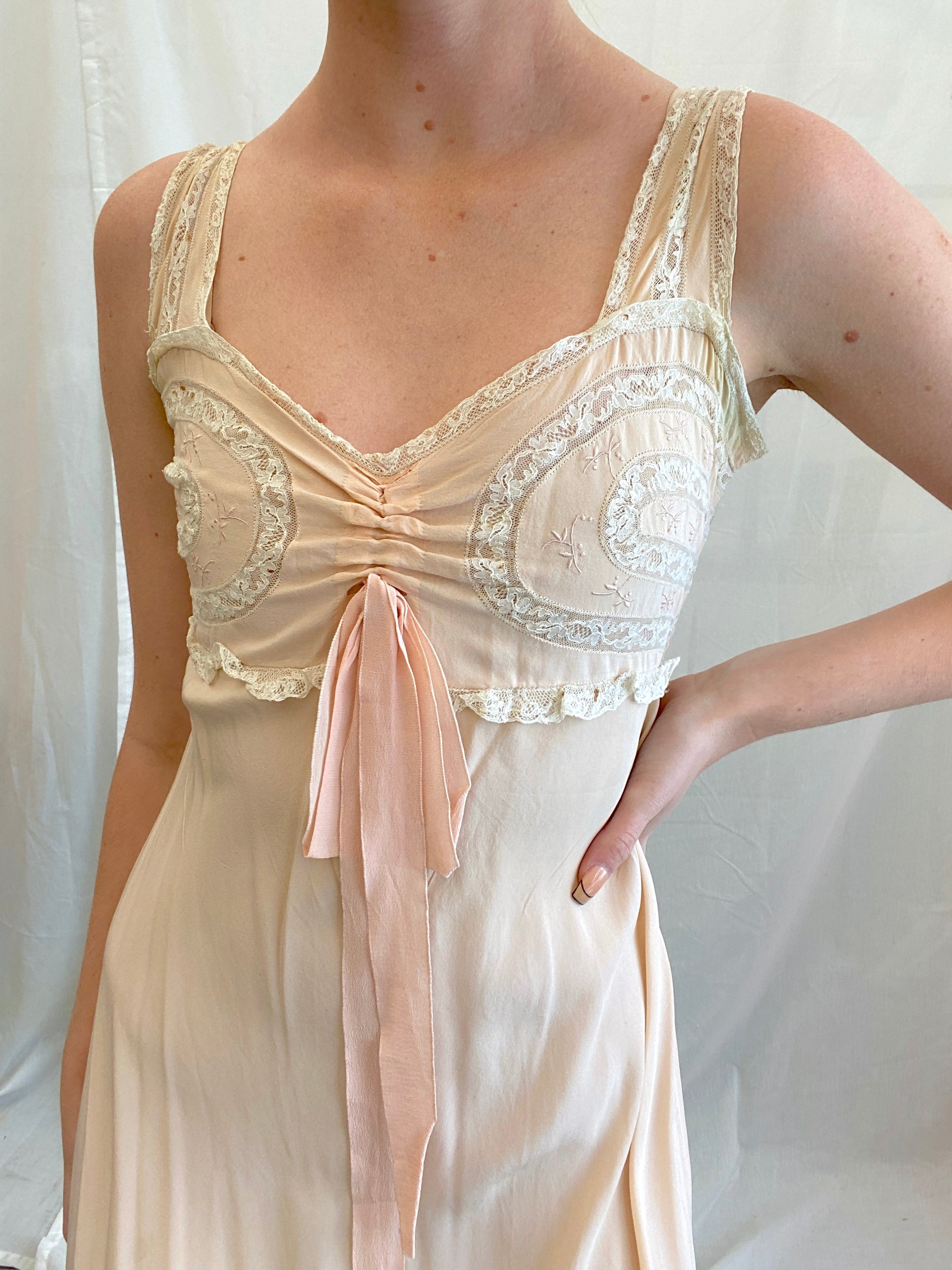 1930's Pale Pink Silk Slip with White Lace