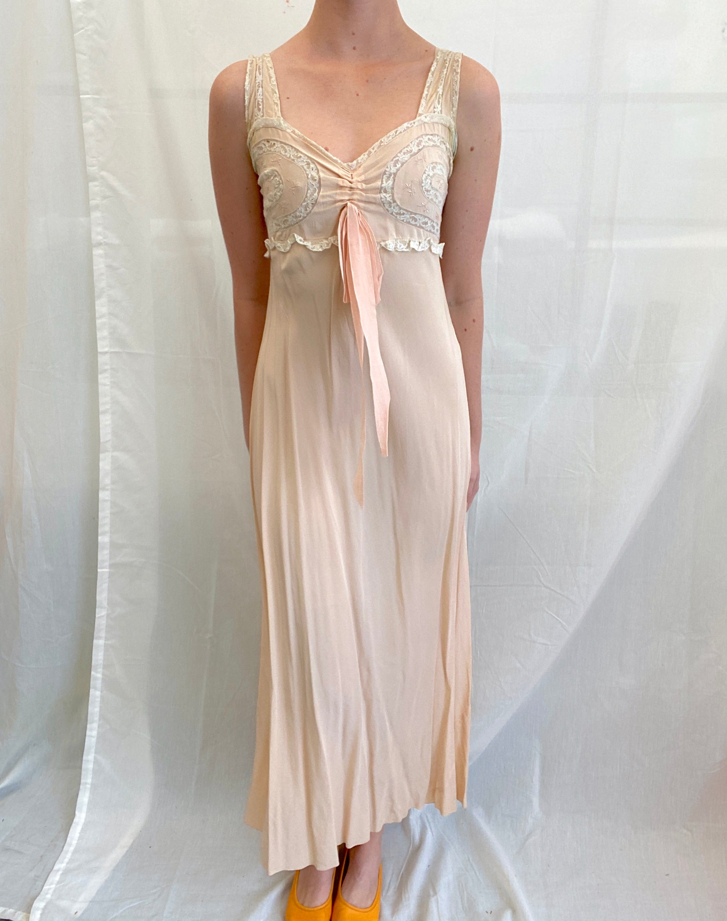 1930's Pale Pink Silk Slip with White Lace