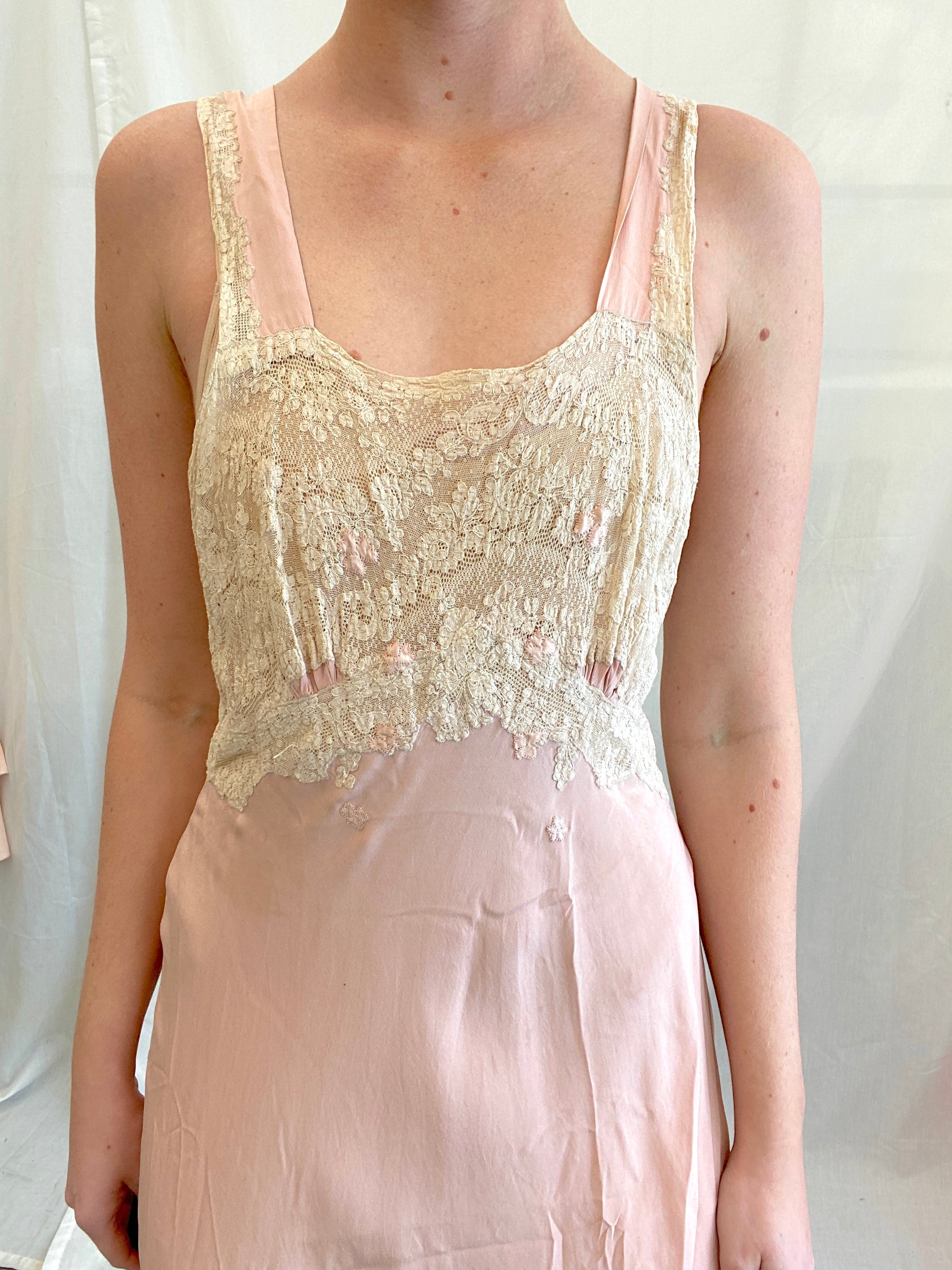 1930's Dusty Pink French Silk Slip with Clover Embroidery