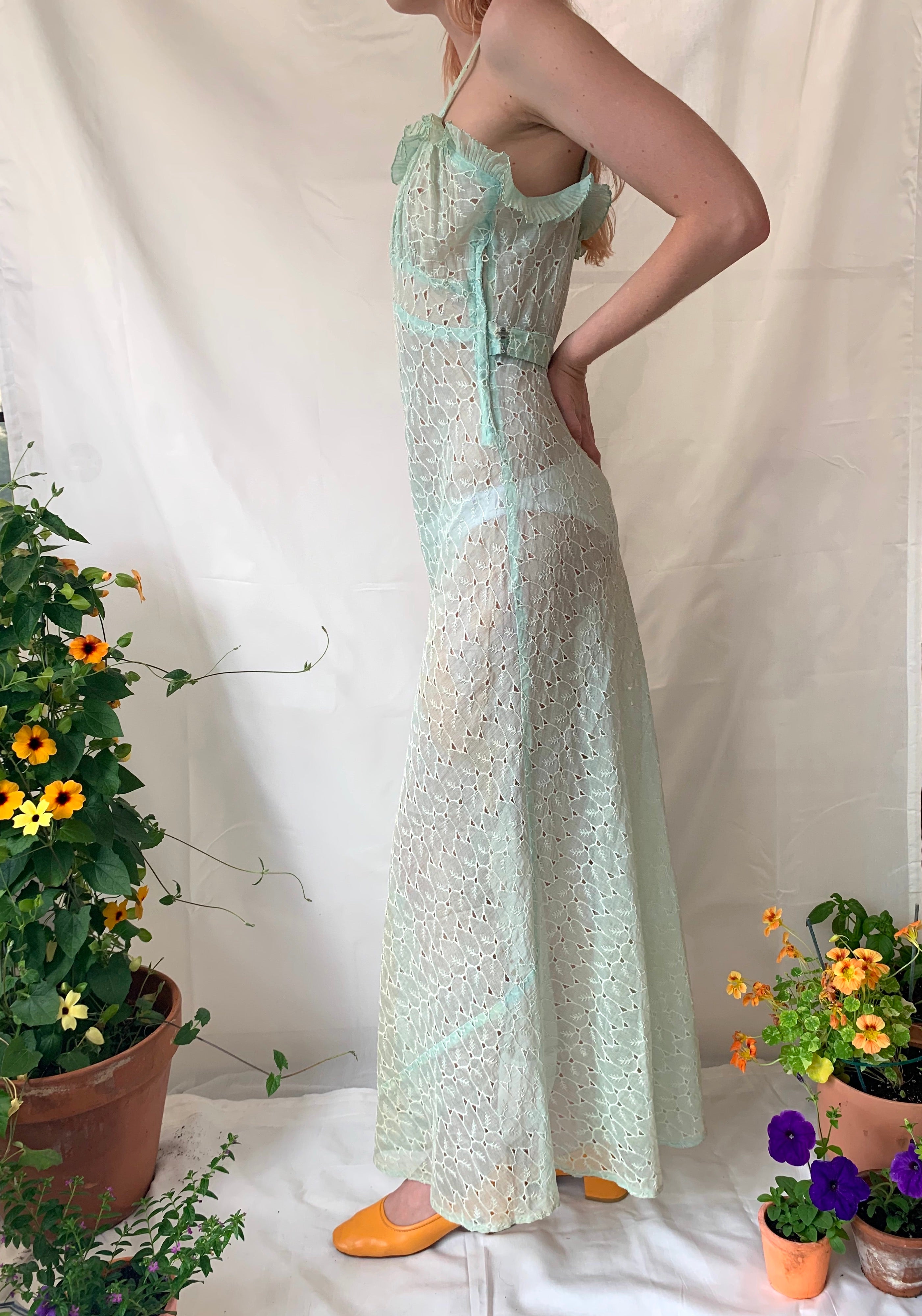 1930's Mint Green Leaf Open Work Embroidered Leaf Dress with Matching Bolero