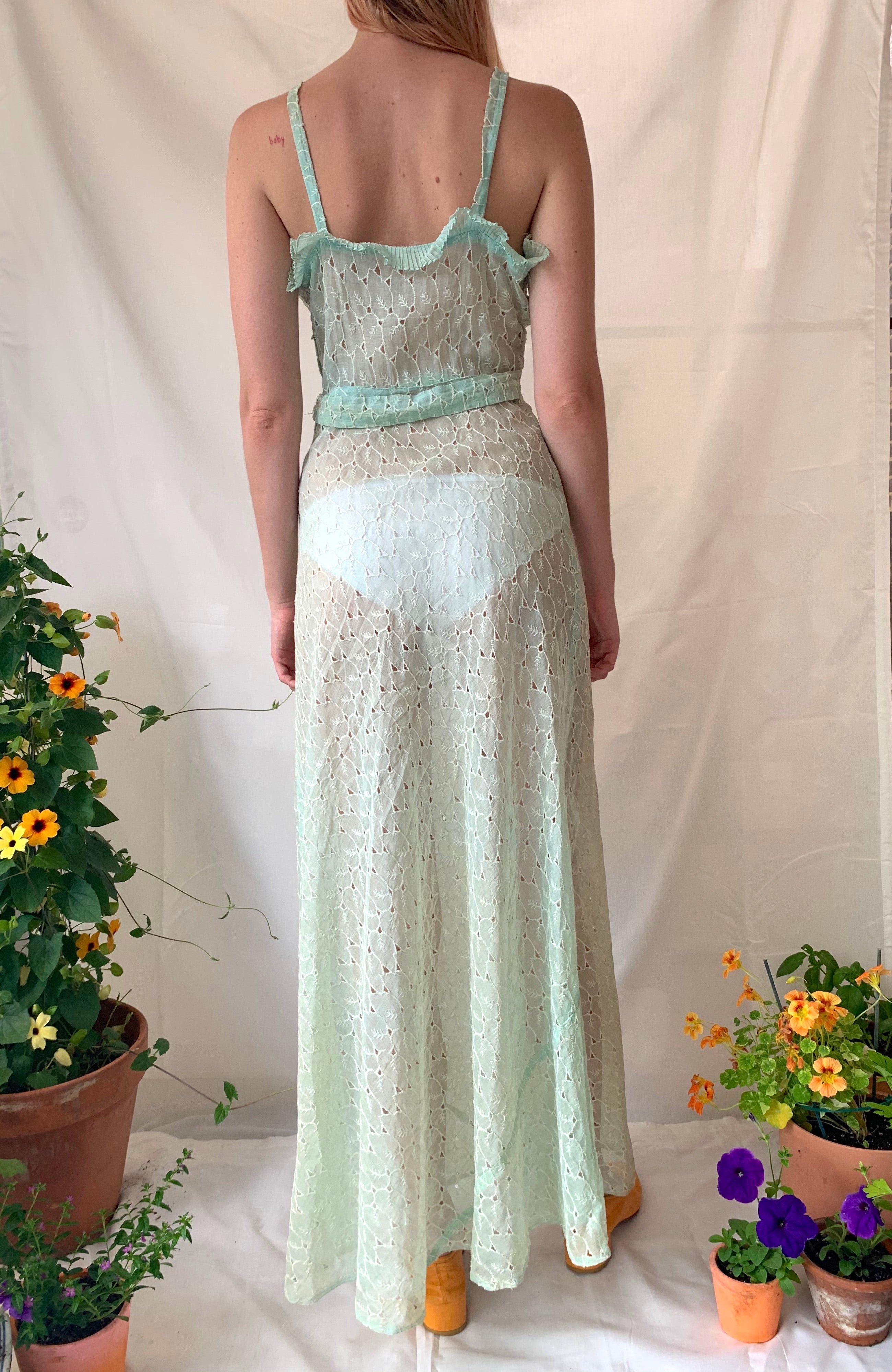 1930's Mint Green Leaf Open Work Embroidered Leaf Dress with Matching Eveliina Vintage 1930's Mint Green Leaf Open Work Embroidered Leaf Dress with Matching Eveliina Vintage