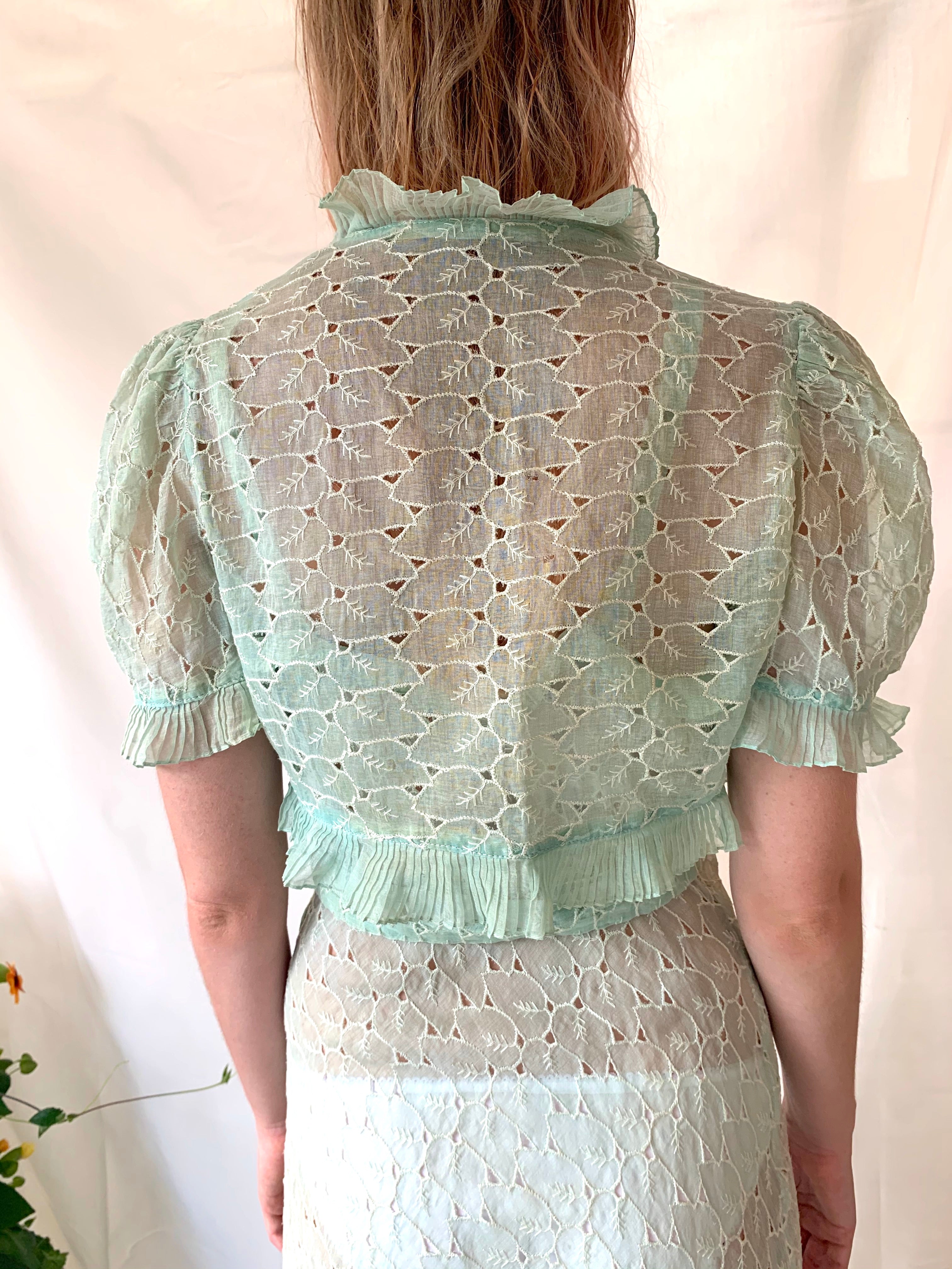 1930's Mint Green Leaf Open Work Embroidered Leaf Dress with Matching Bolero