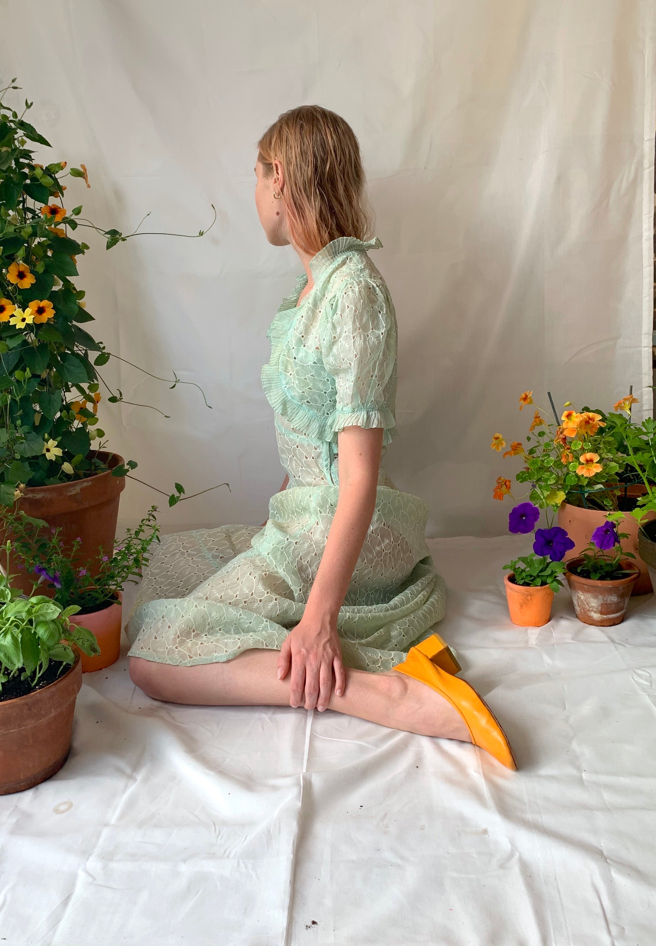 1930's Mint Green Leaf Open Work Embroidered Leaf Dress with Matching Eveliina Vintage 1930's Mint Green Leaf Open Work Embroidered Leaf Dress with Matching Eveliina Vintage