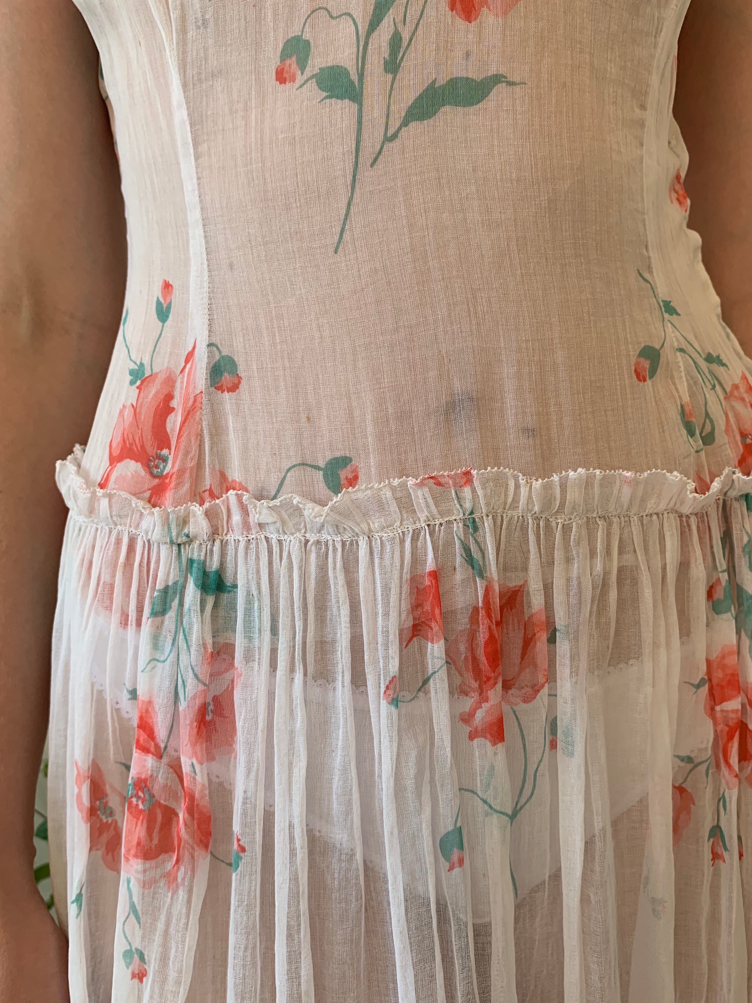 White Organza with Poppy Print Summer Dress