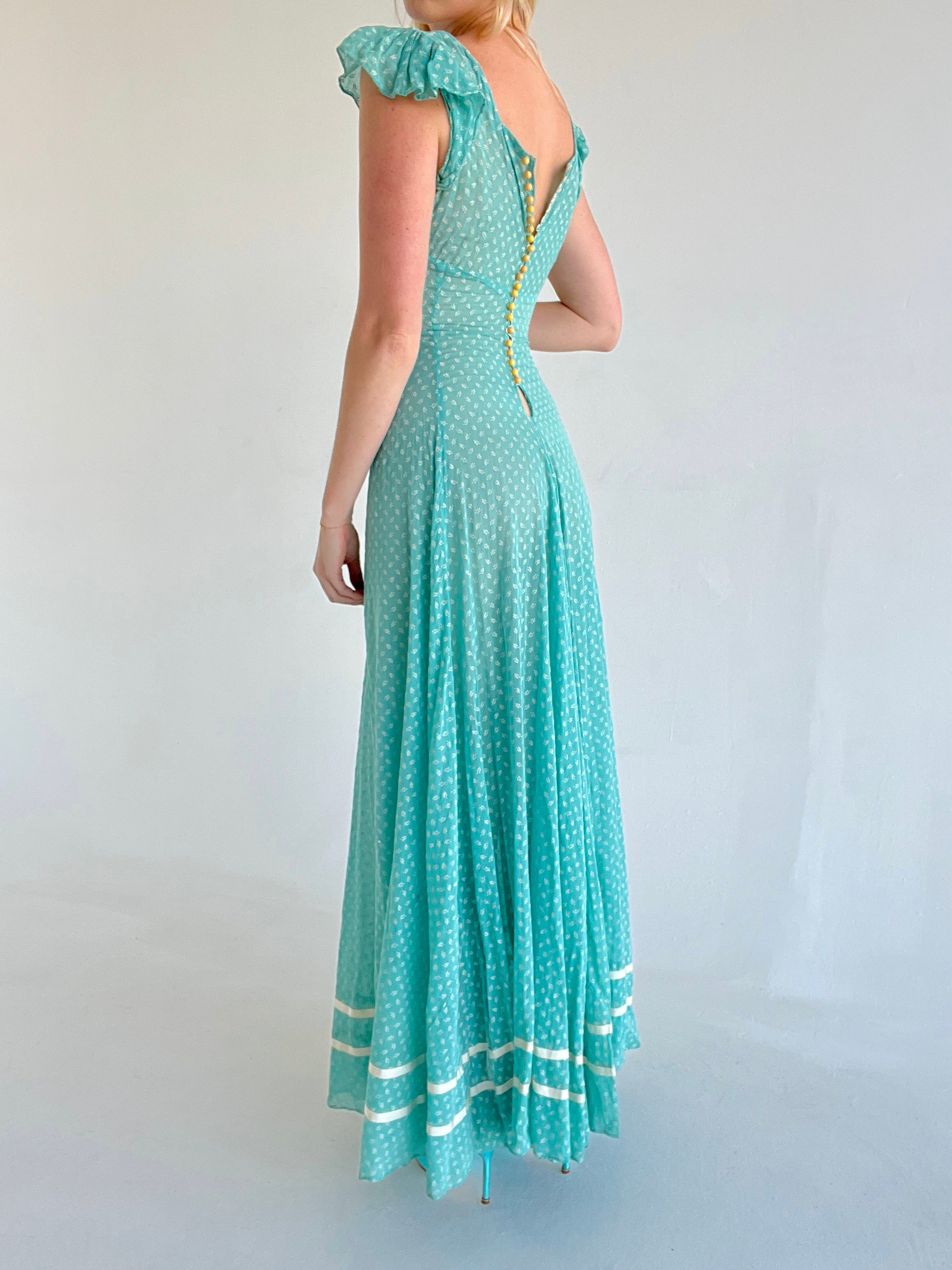 1930's Turquoise Gown With White Floral Print