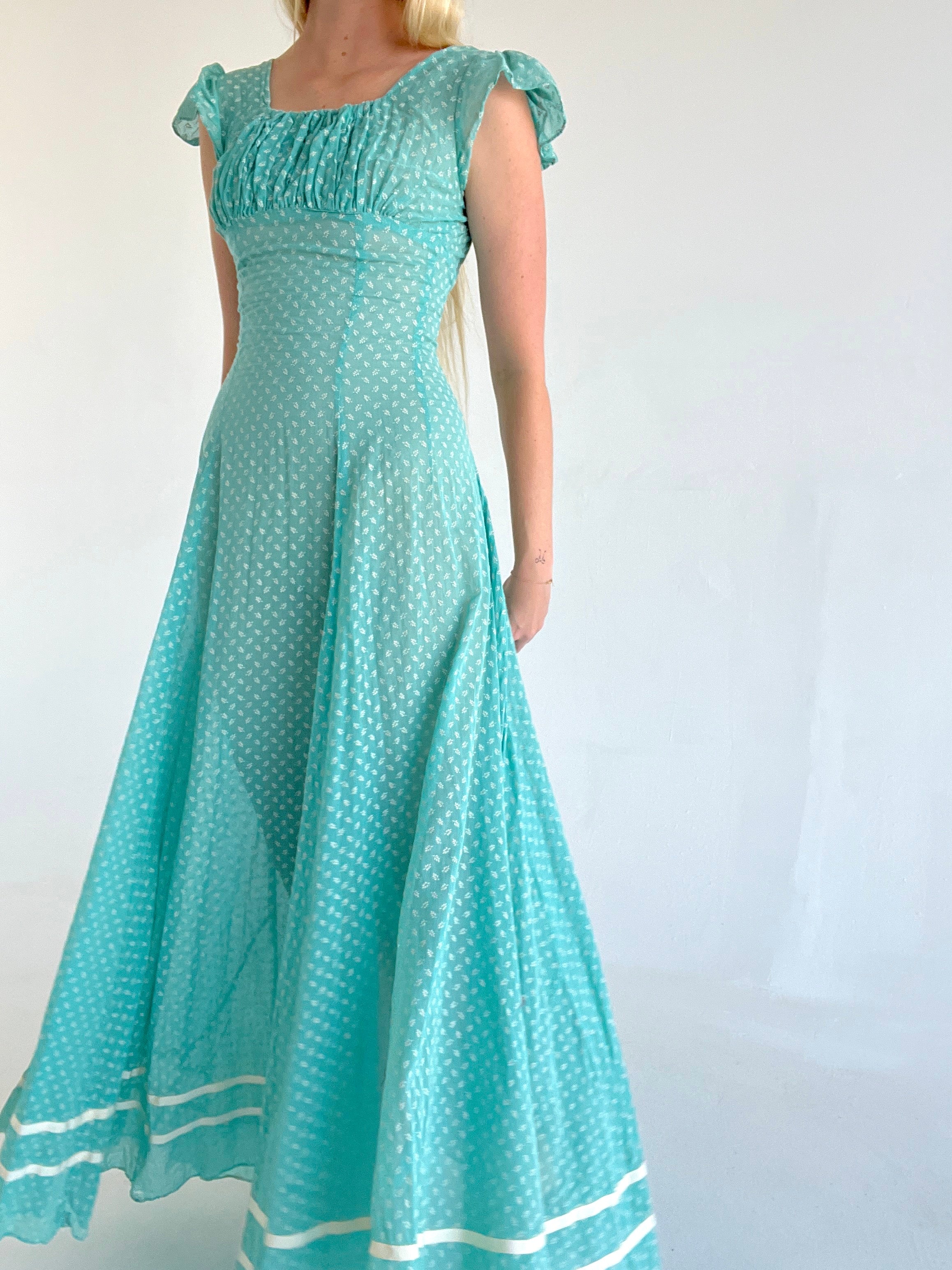 1930's Turquoise Gown With White Floral Print