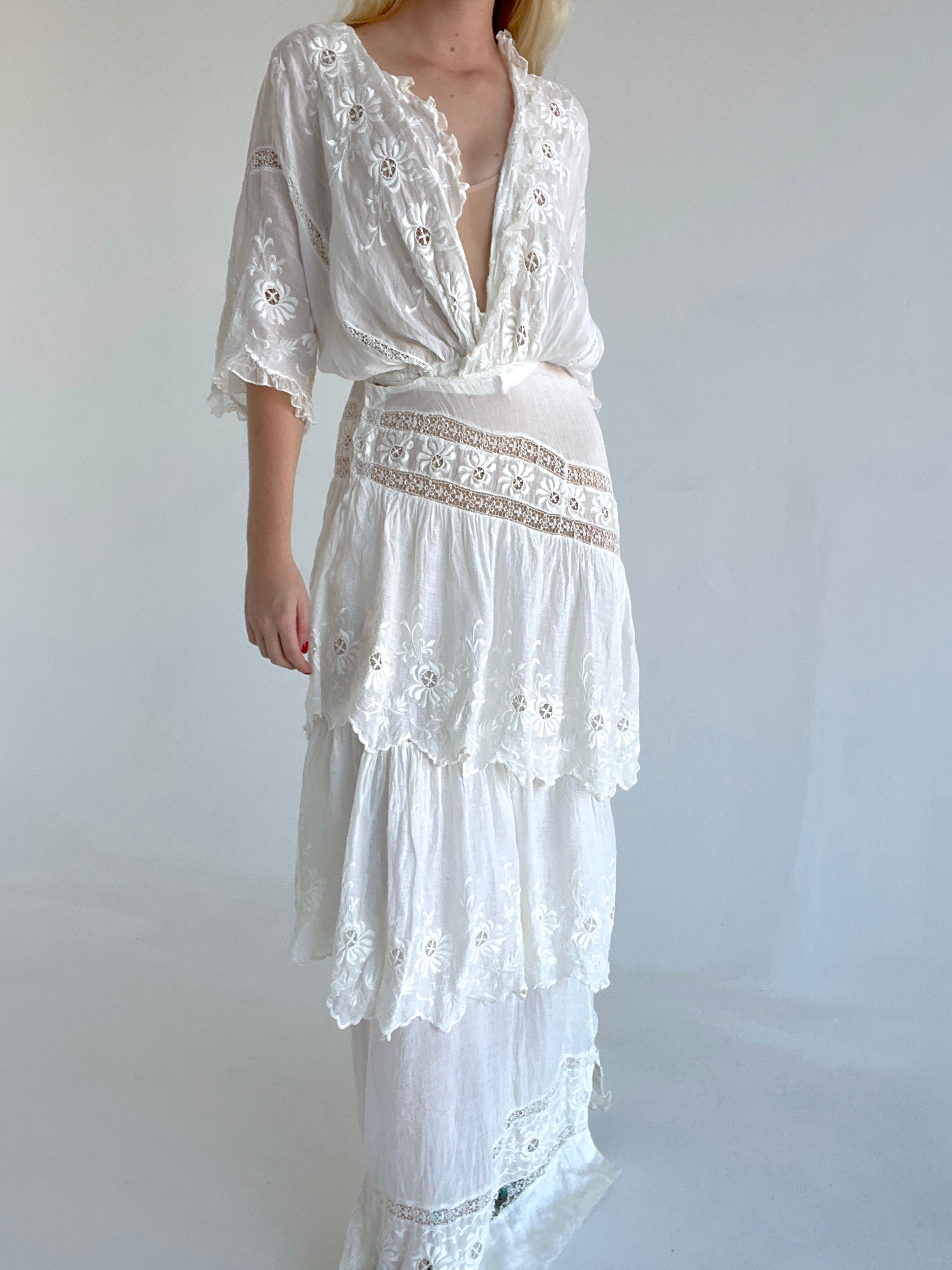 Victorian White Cotton Tiered Gown
