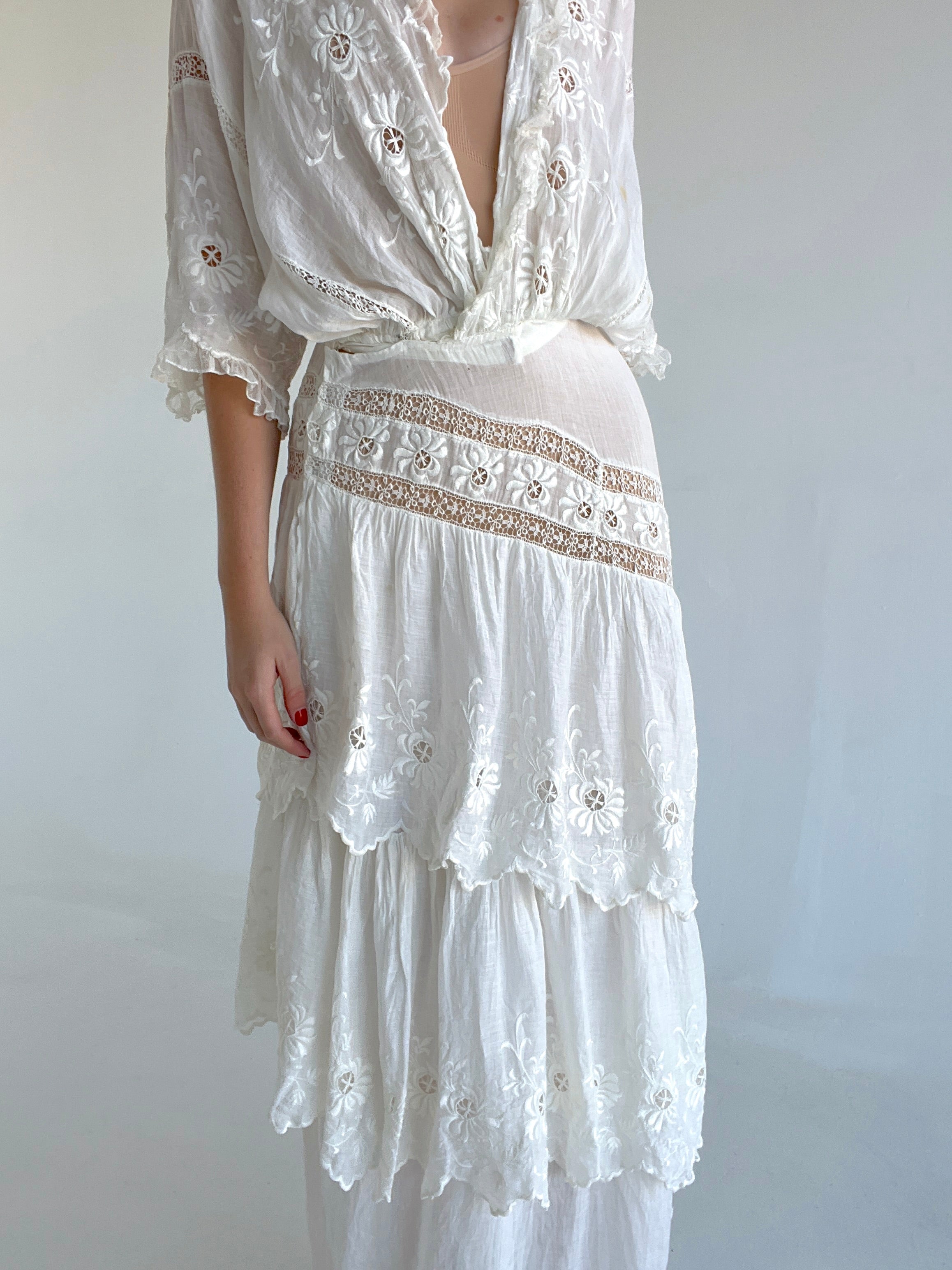 Victorian White Cotton Tiered Gown