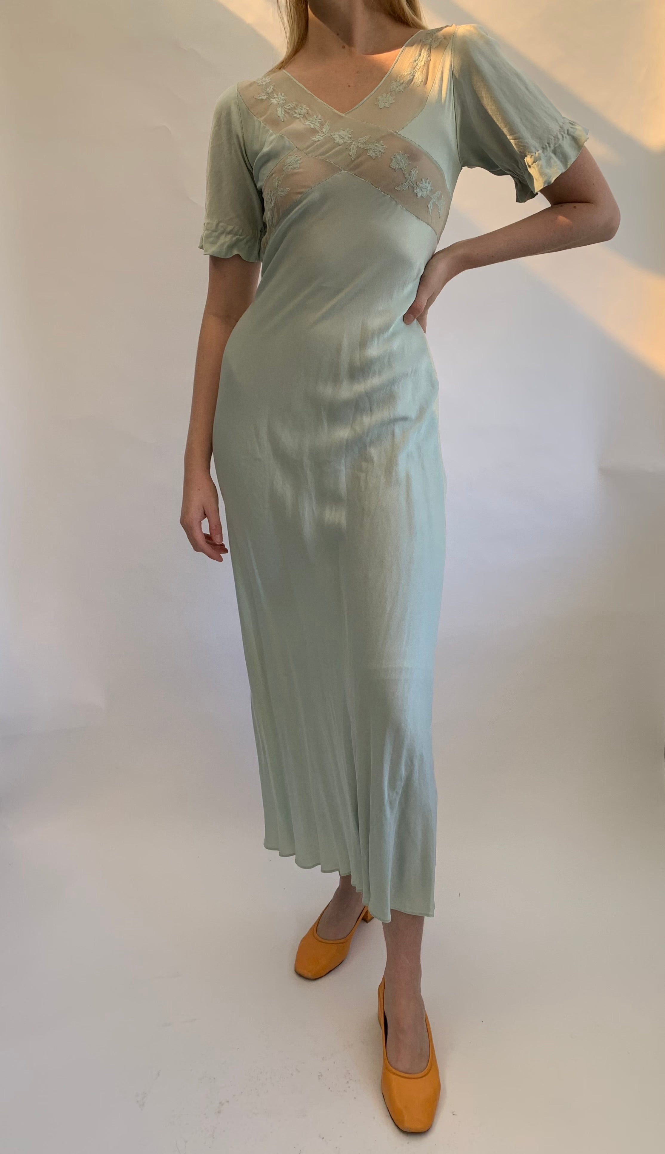 Seafoam Short Sleeve Silk Dress with Chiffon Cross Chest Detail Eveliina Vintage Seafoam Short Sleeve Silk Dress with Chiffon Cross Chest Detail Eveliina Vintage