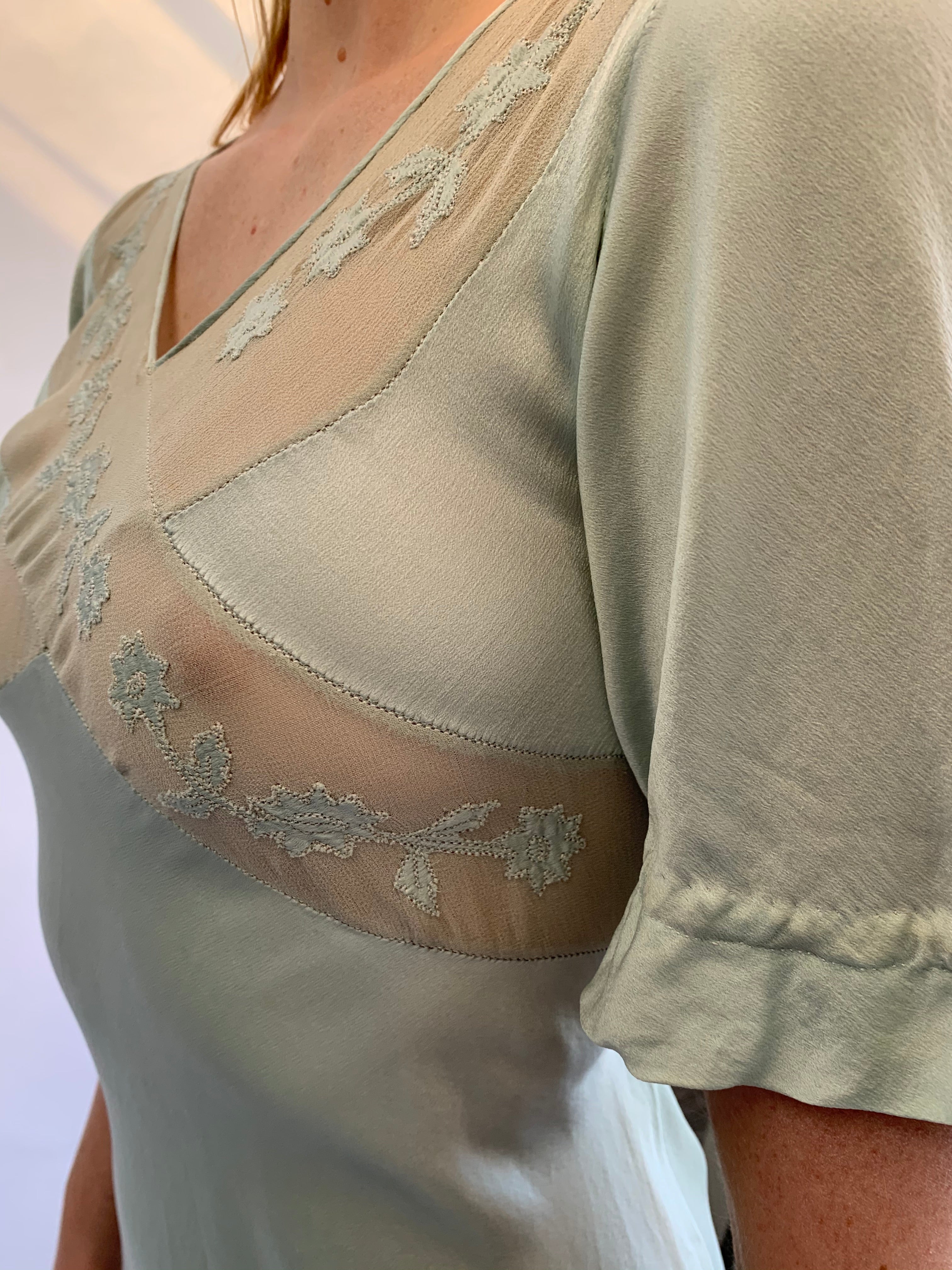 Seafoam Short Sleeve Silk Dress with Chiffon Cross Chest Detail