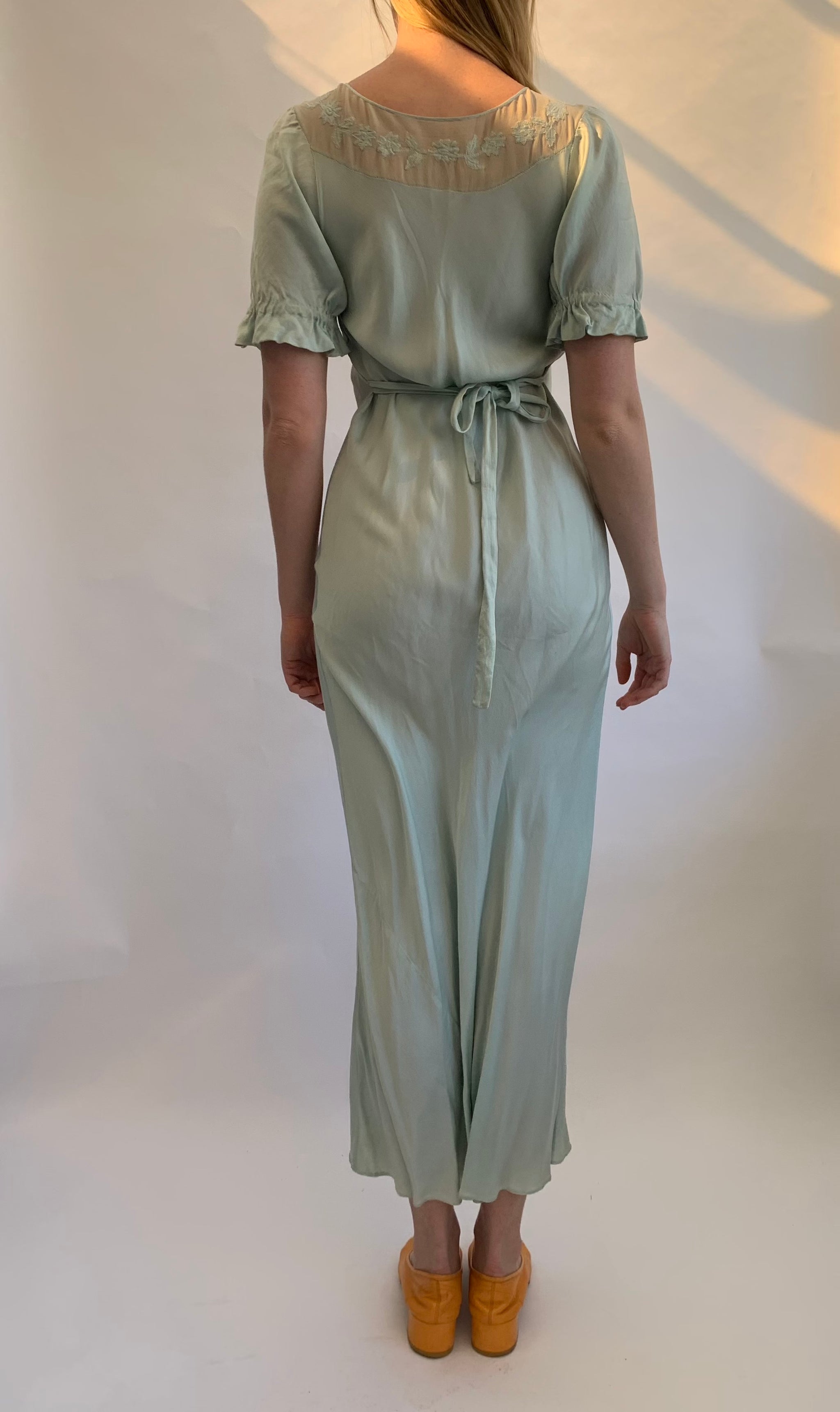 Seafoam Short Sleeve Silk Dress with Chiffon Cross Chest Detail Eveliina Vintage Seafoam Short Sleeve Silk Dress with Chiffon Cross Chest Detail Eveliina Vintage