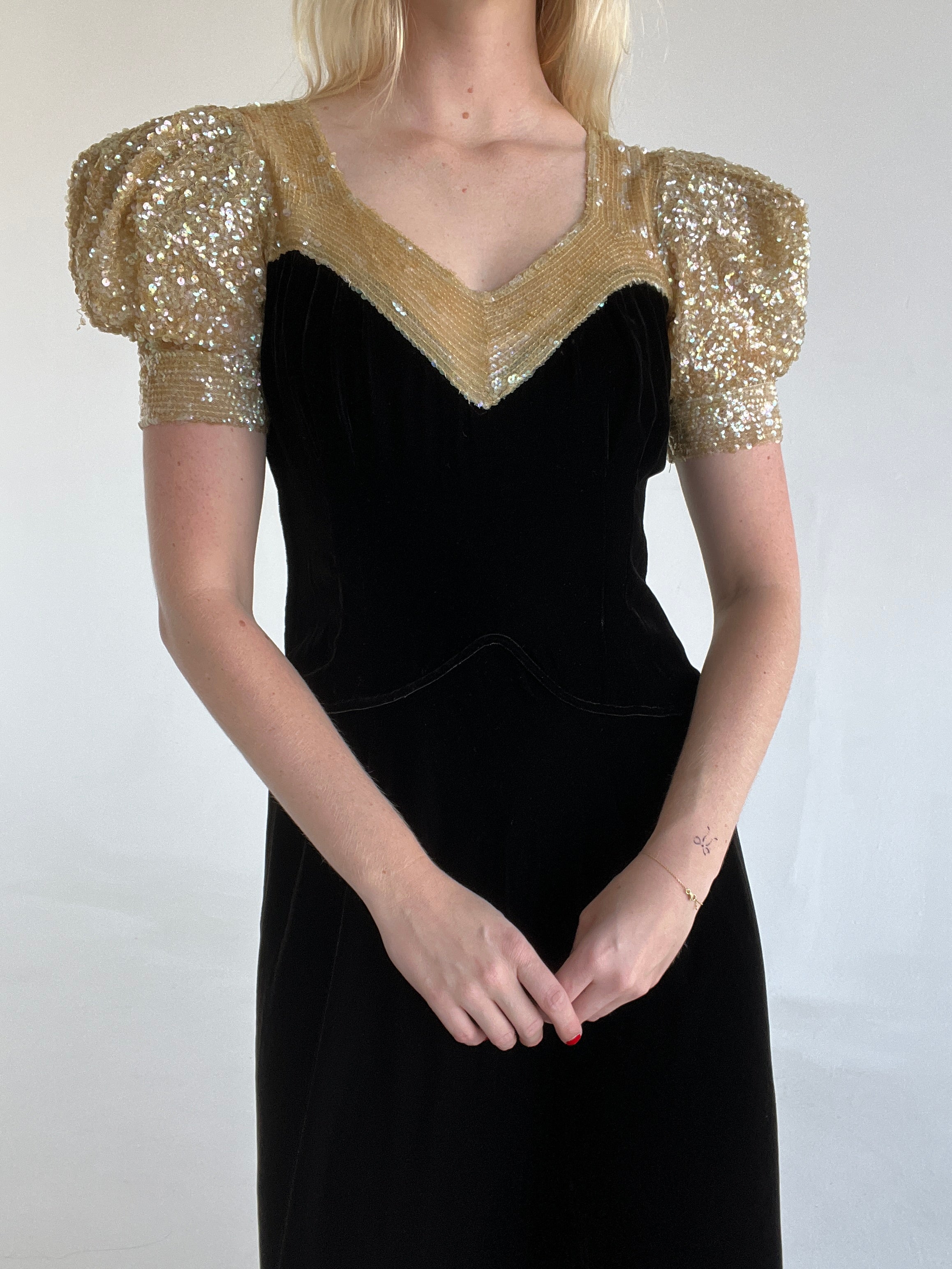1930's Black Velvet Puffed Sleeve Gown with Gold Sequin Top