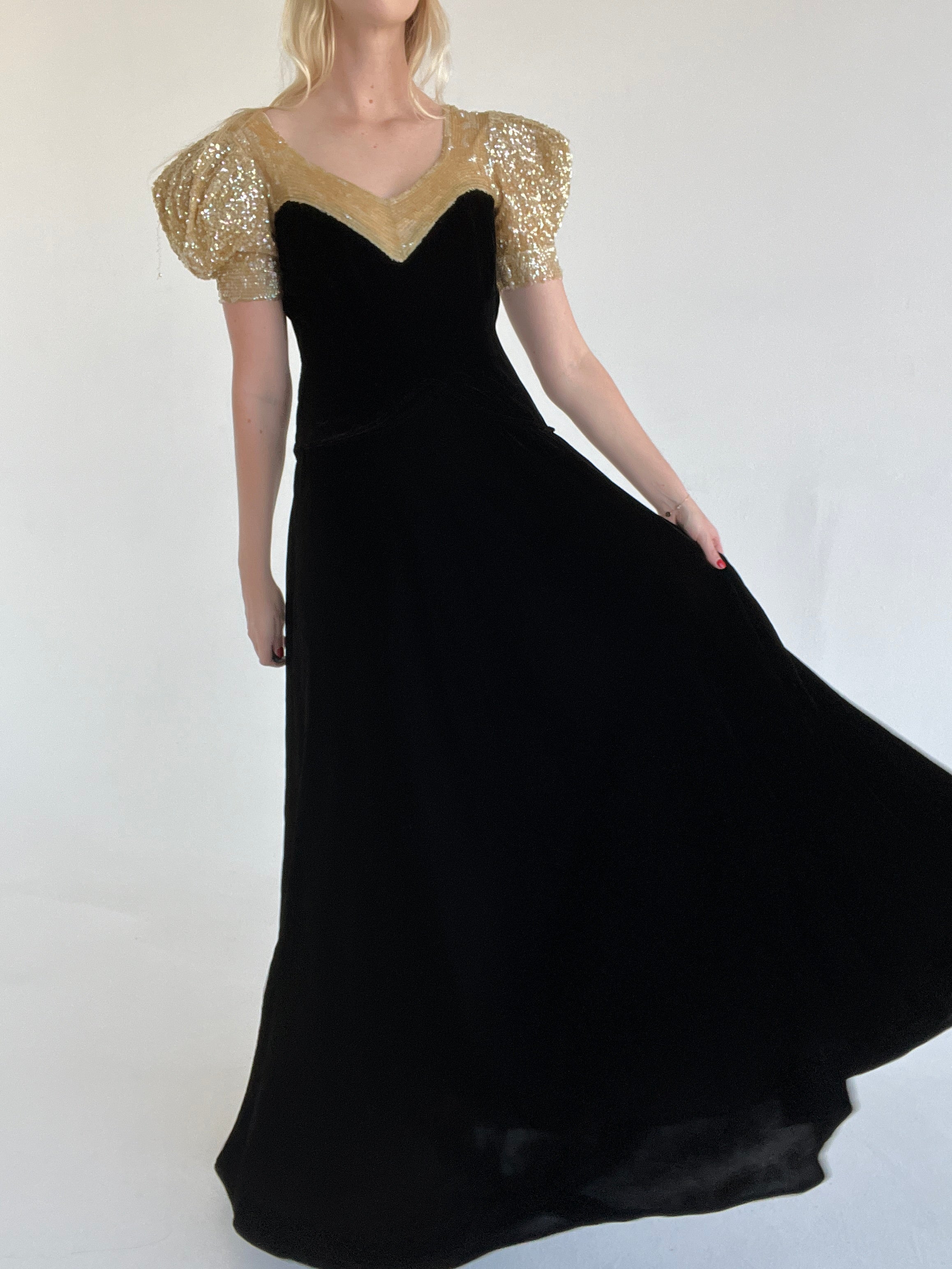 1930's Black Velvet Puffed Sleeve Gown with Gold Sequin Top Eveliina Vintage 1930's Black Velvet Puffed Sleeve Gown with Gold Sequin Top Eveliina Vintage