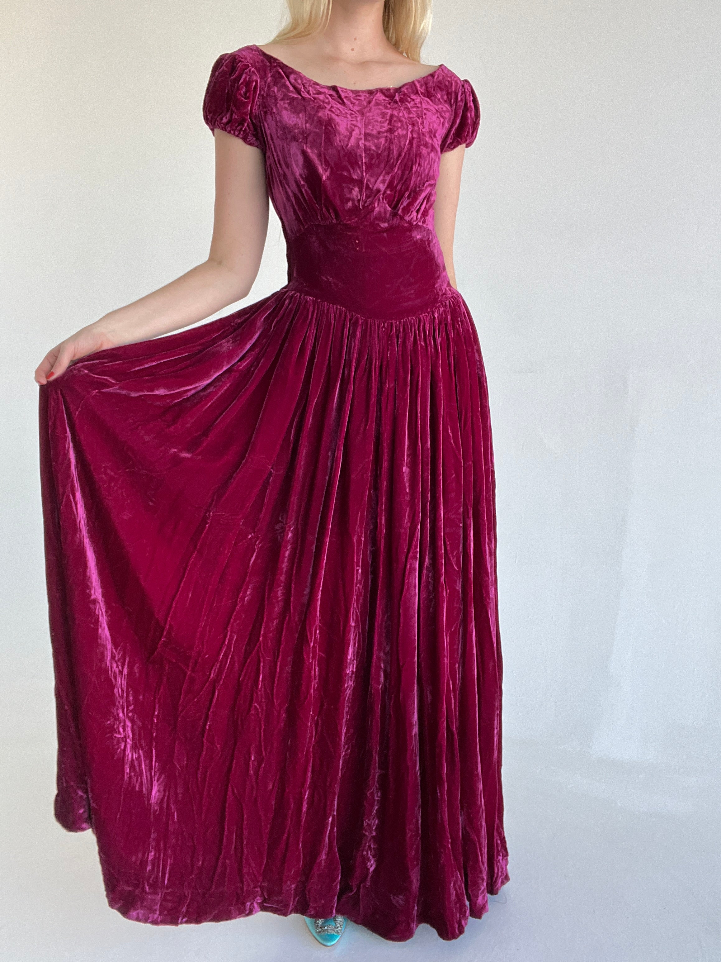 1930's Cap Sleeve Raspberry Crushed Velvet Gown