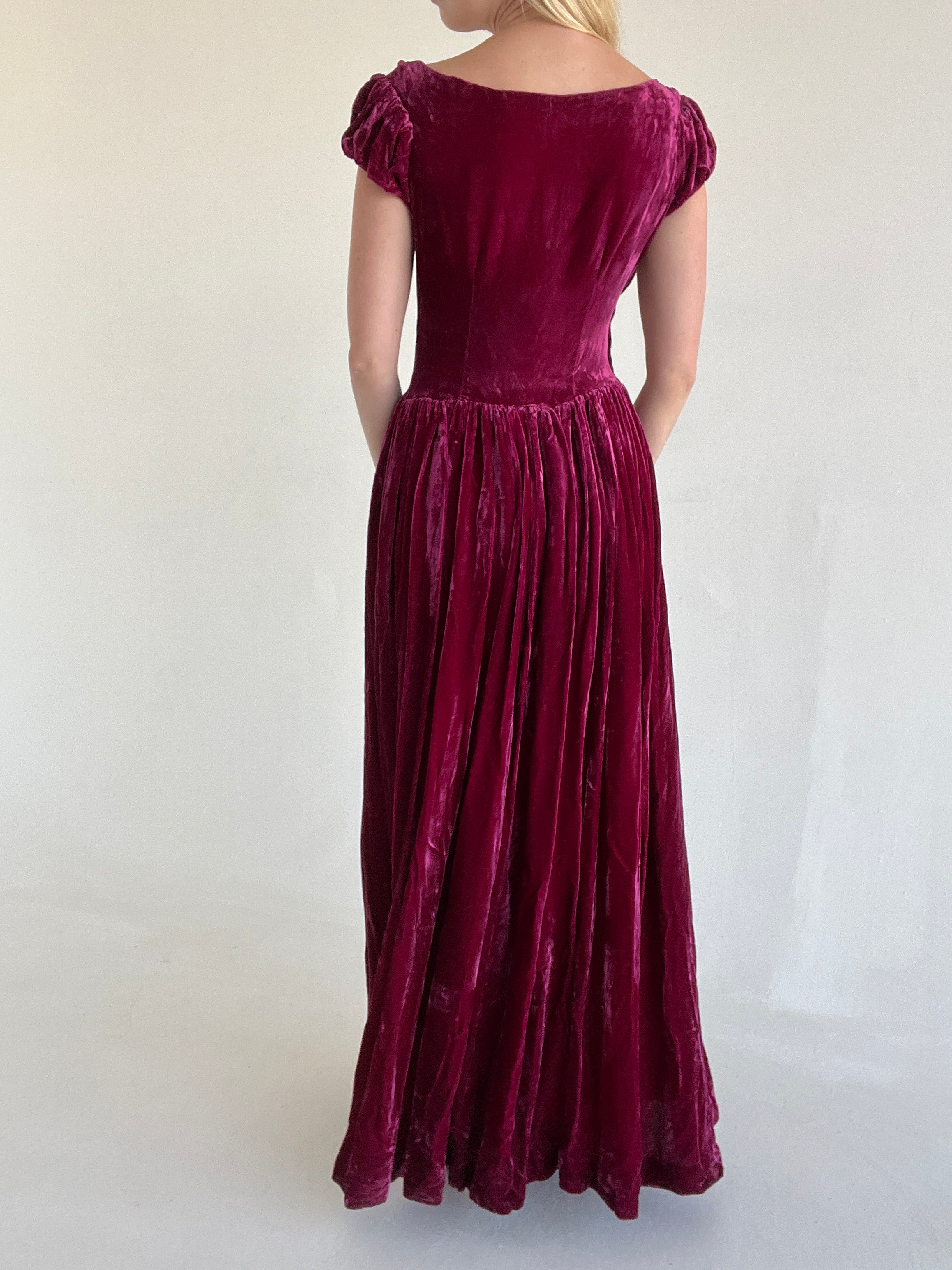 1930's Cap Sleeve Raspberry Crushed Velvet Gown