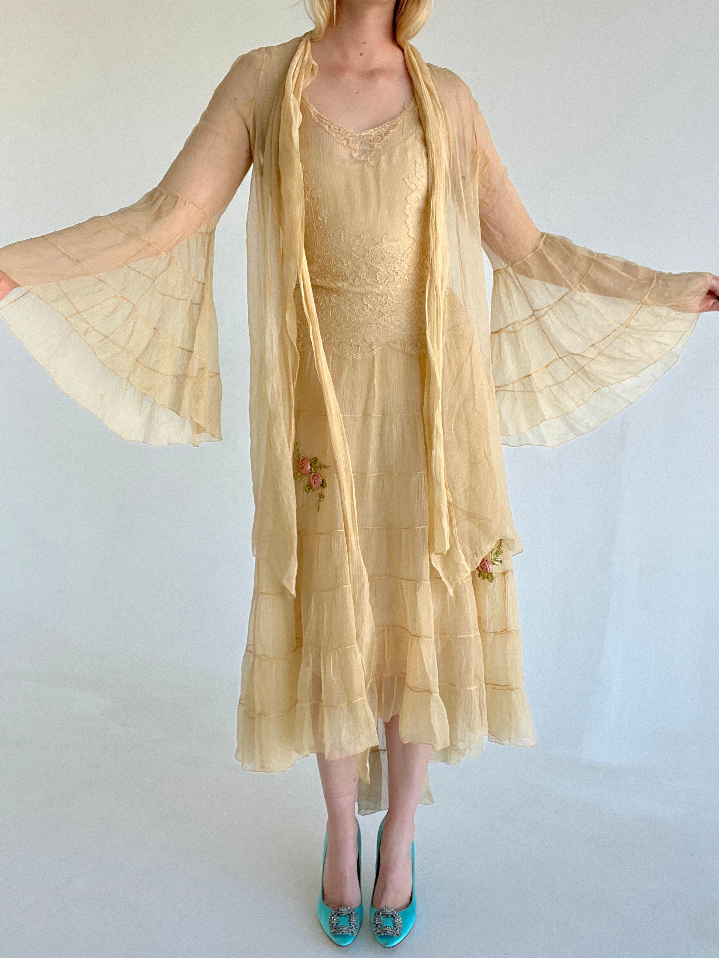 1960s Saks Fifth Avenue Cream Silk Chiffon Dress w/ Rhinestone Encrusted Bodice