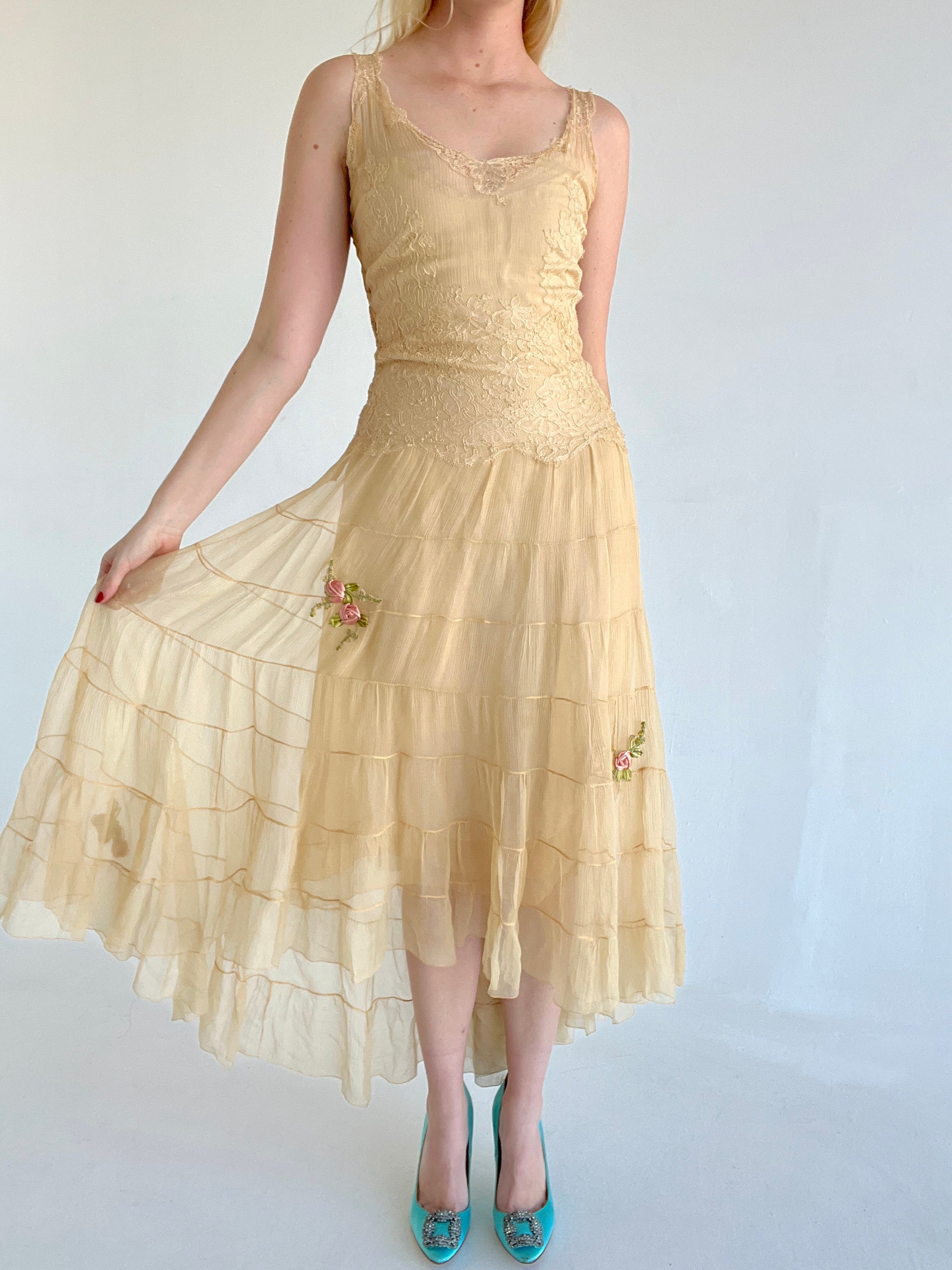 1930's Cream Silk Chiffon Gown with Lace Bodice and Large Silk Taffeta Bow