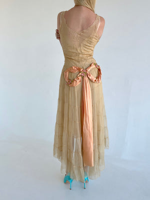 1930's Cream Silk Chiffon Gown with Lace Bodice and Large Silk Taffeta Bow