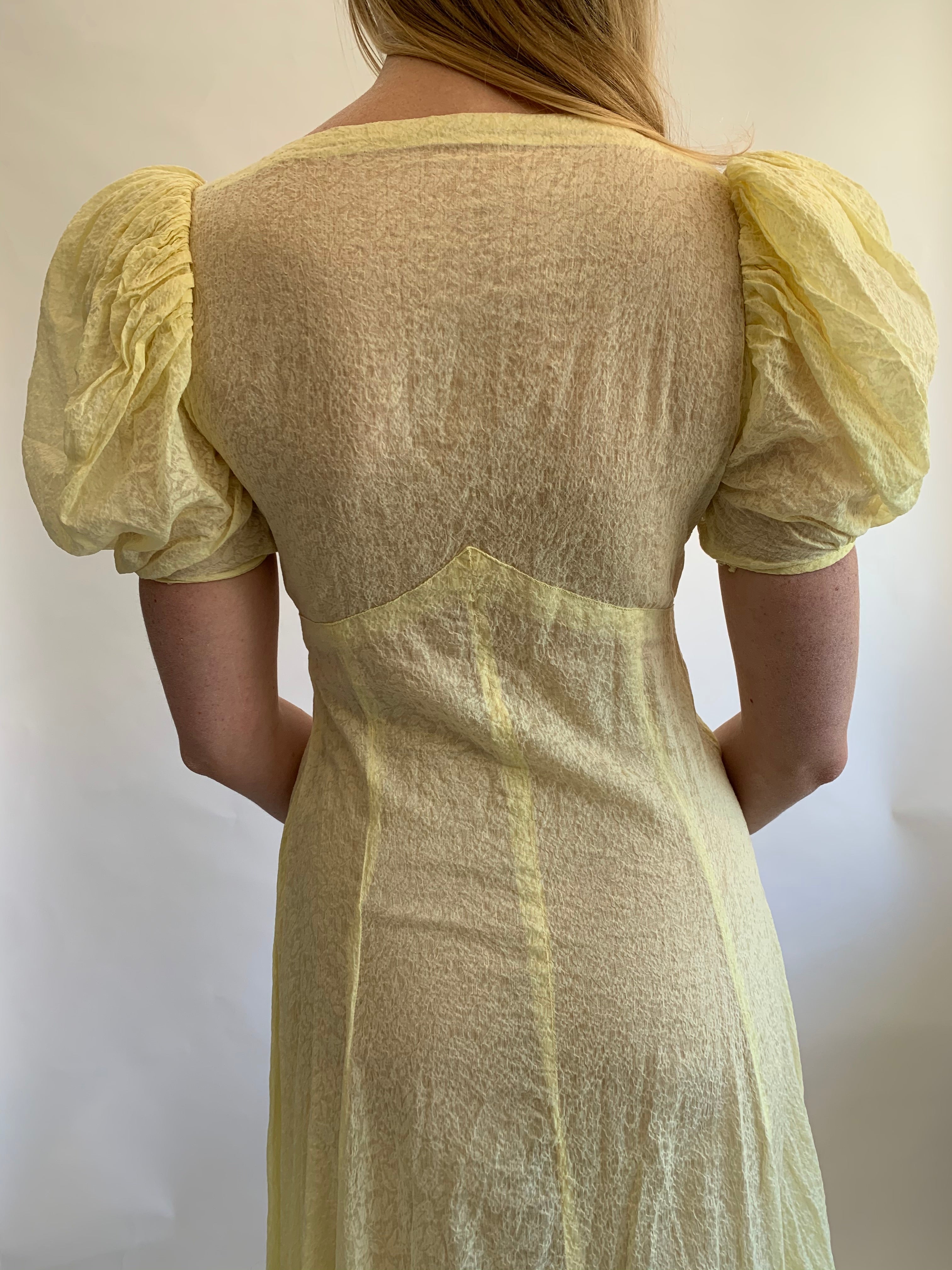 1930's Yellow Lightweight Silk Cloque Dress with Puffed Sleeves