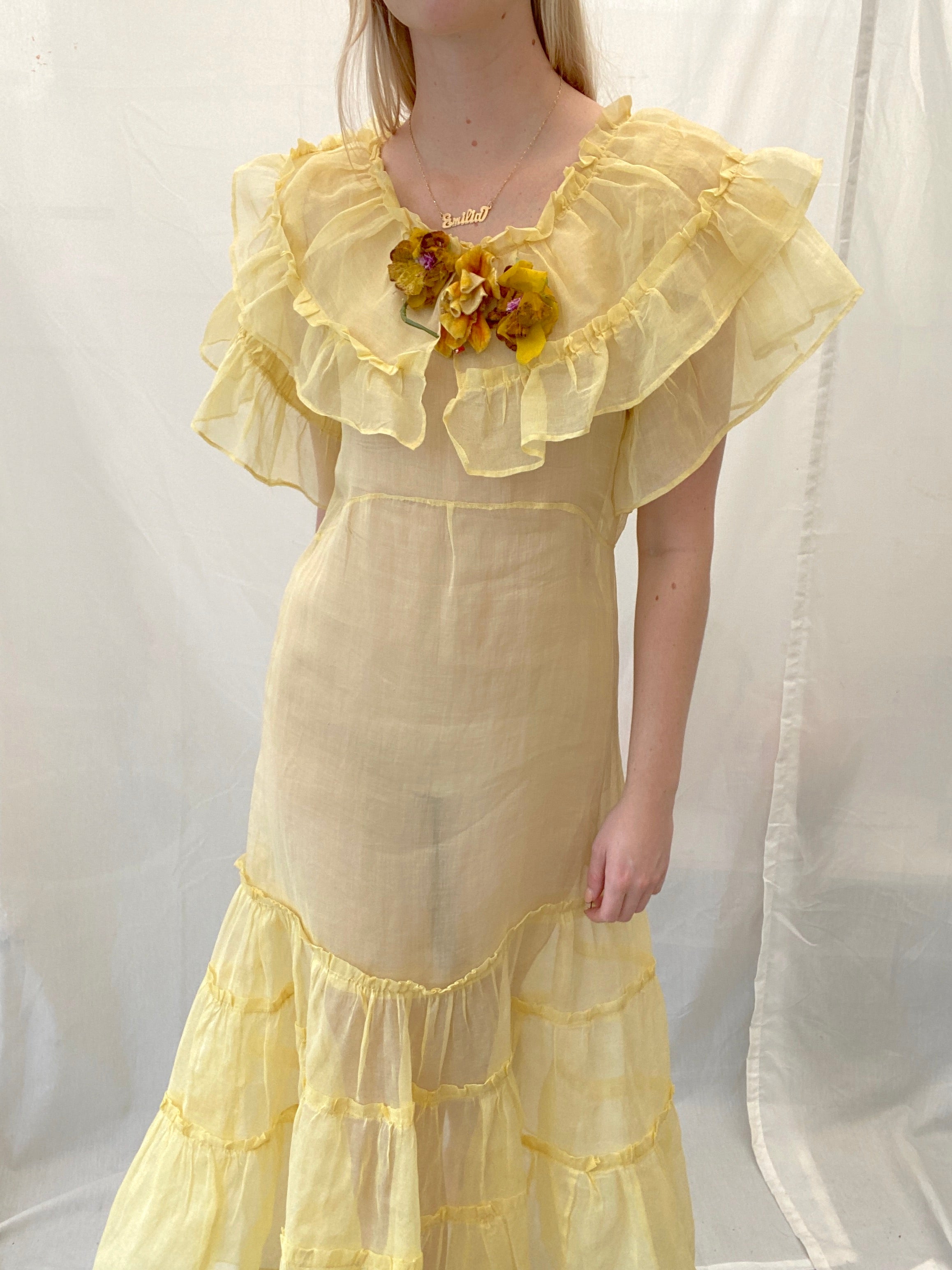 1930's Yellow Organza Dress with Dramatic Ruffles Eveliina Vintage 1930's Yellow Organza Dress with Dramatic Ruffles Eveliina Vintage