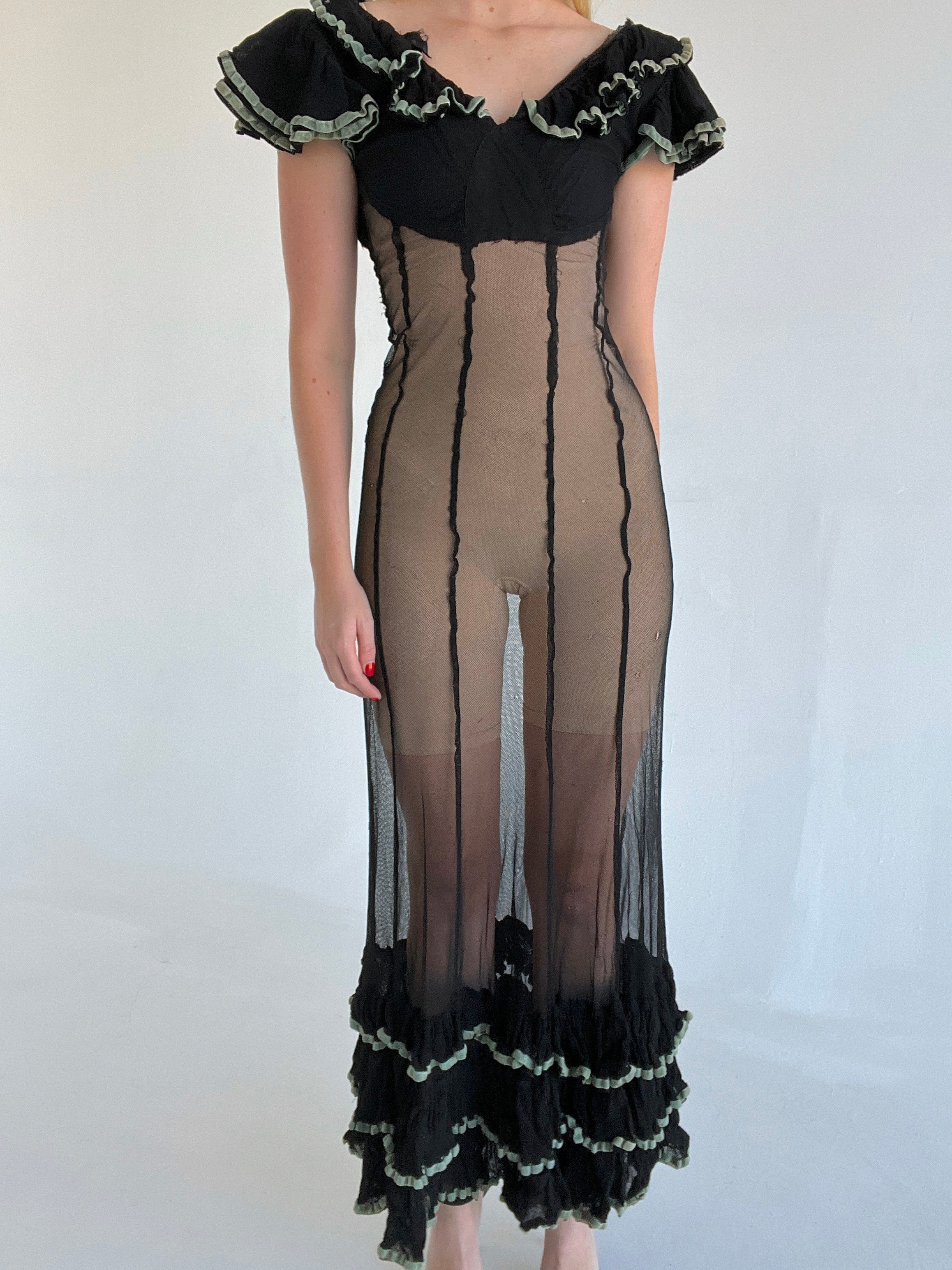 1930's Black Net Dress With Tiered Ruffles