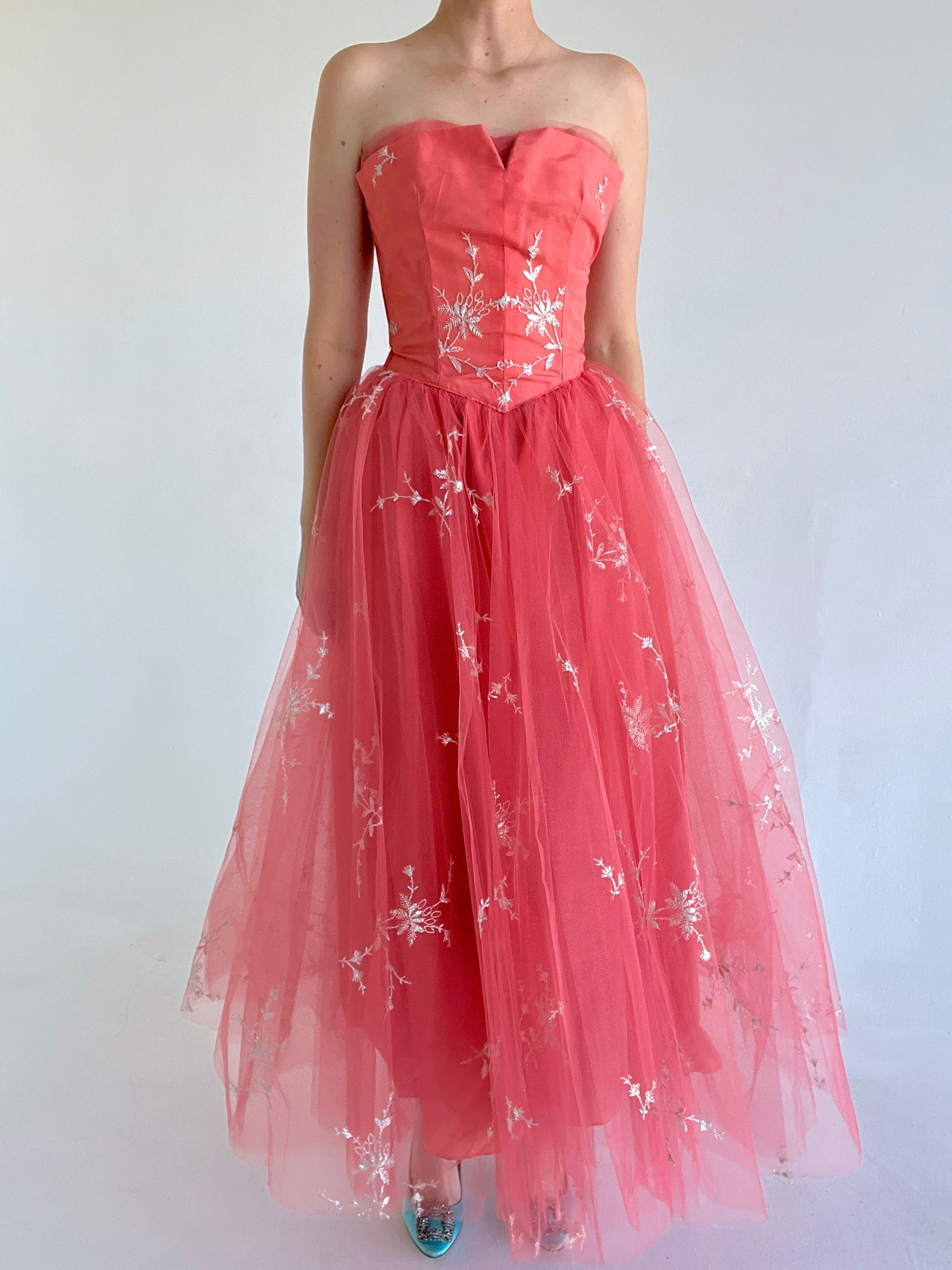1950's Pink Tulle Strapless Party Dress with Silver Embroidery