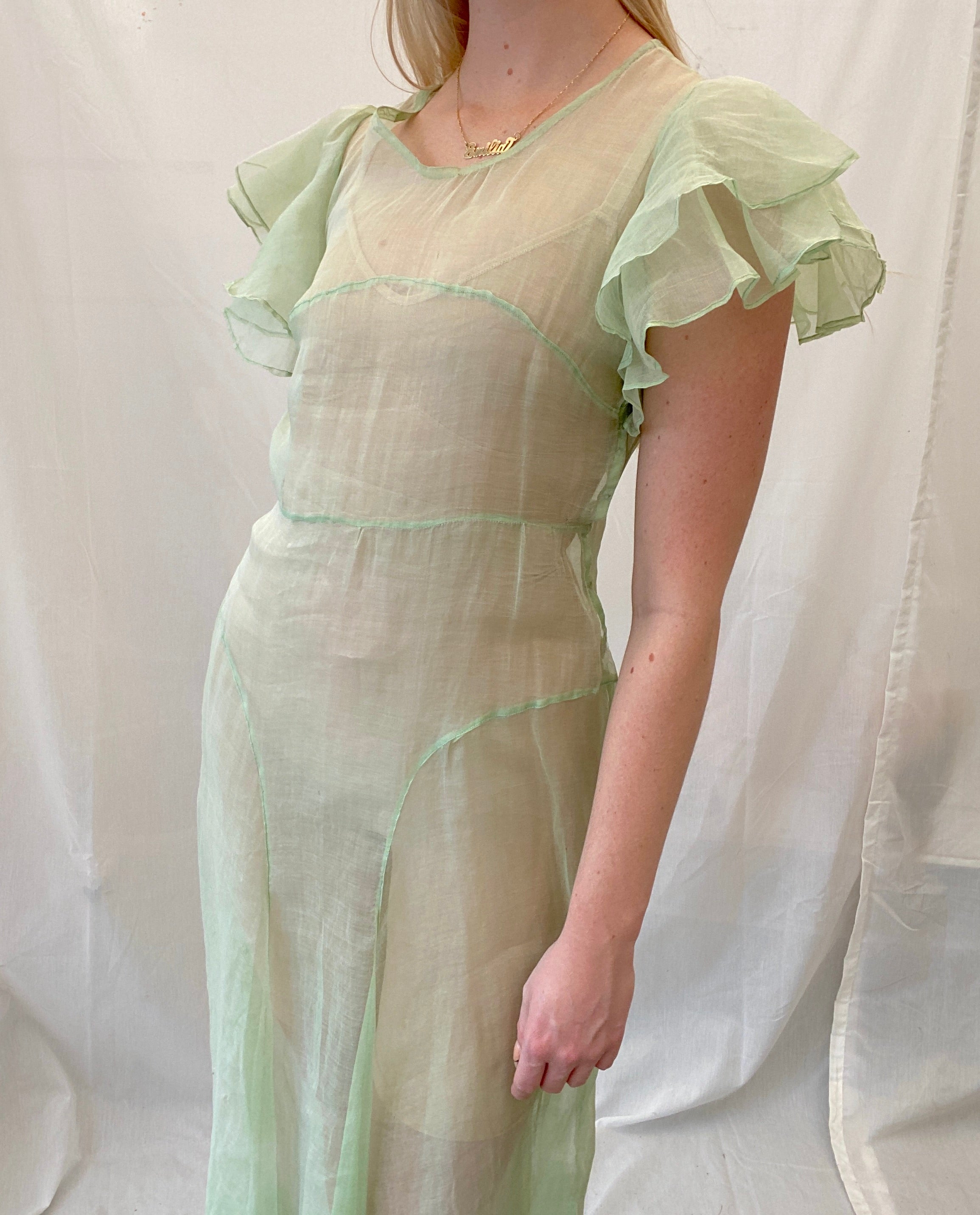 1930's Pale Green Cotton Organza Dress with Ruffle Sleeve