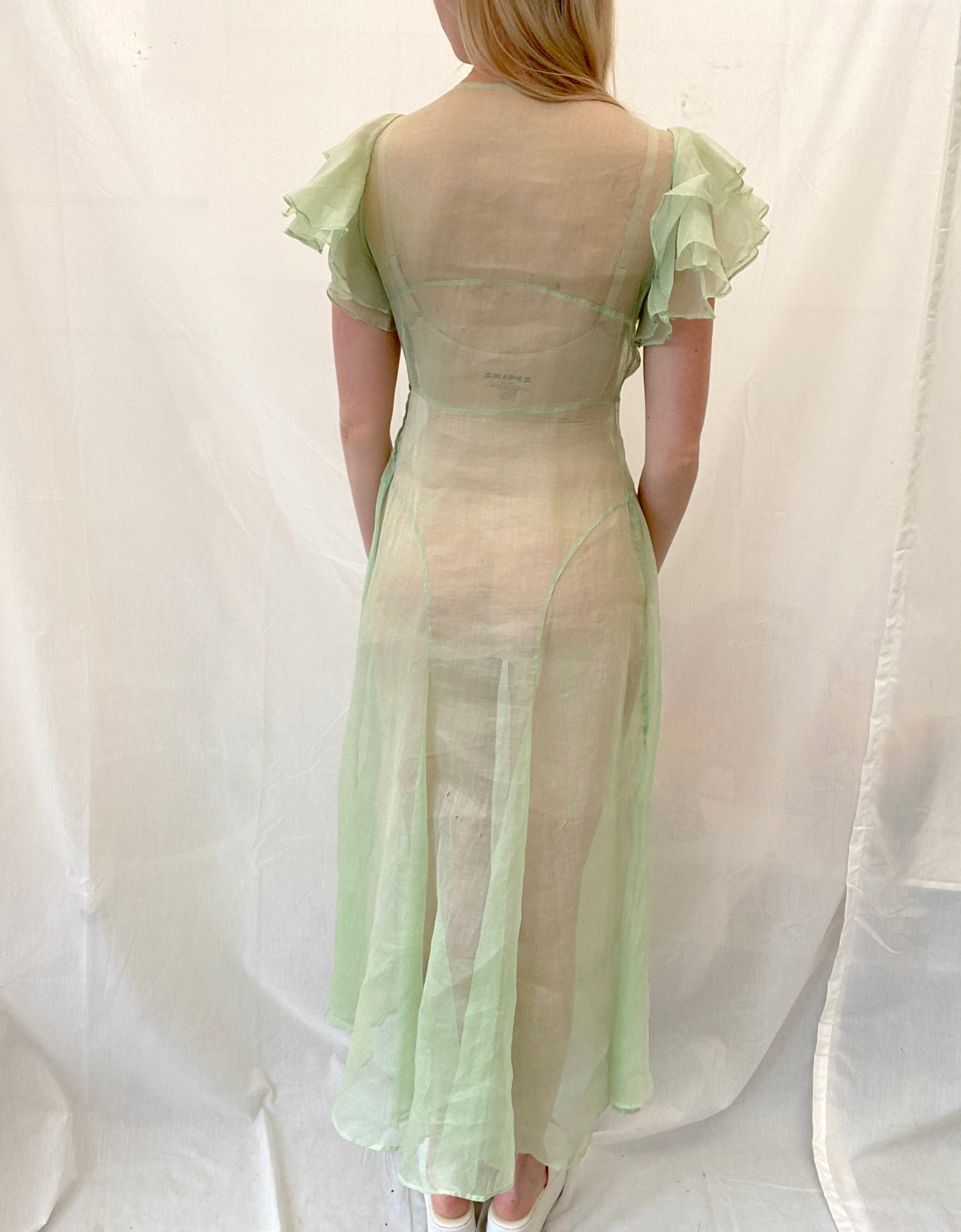 1930's Pale Green Cotton Organza Dress with Ruffle Sleeve