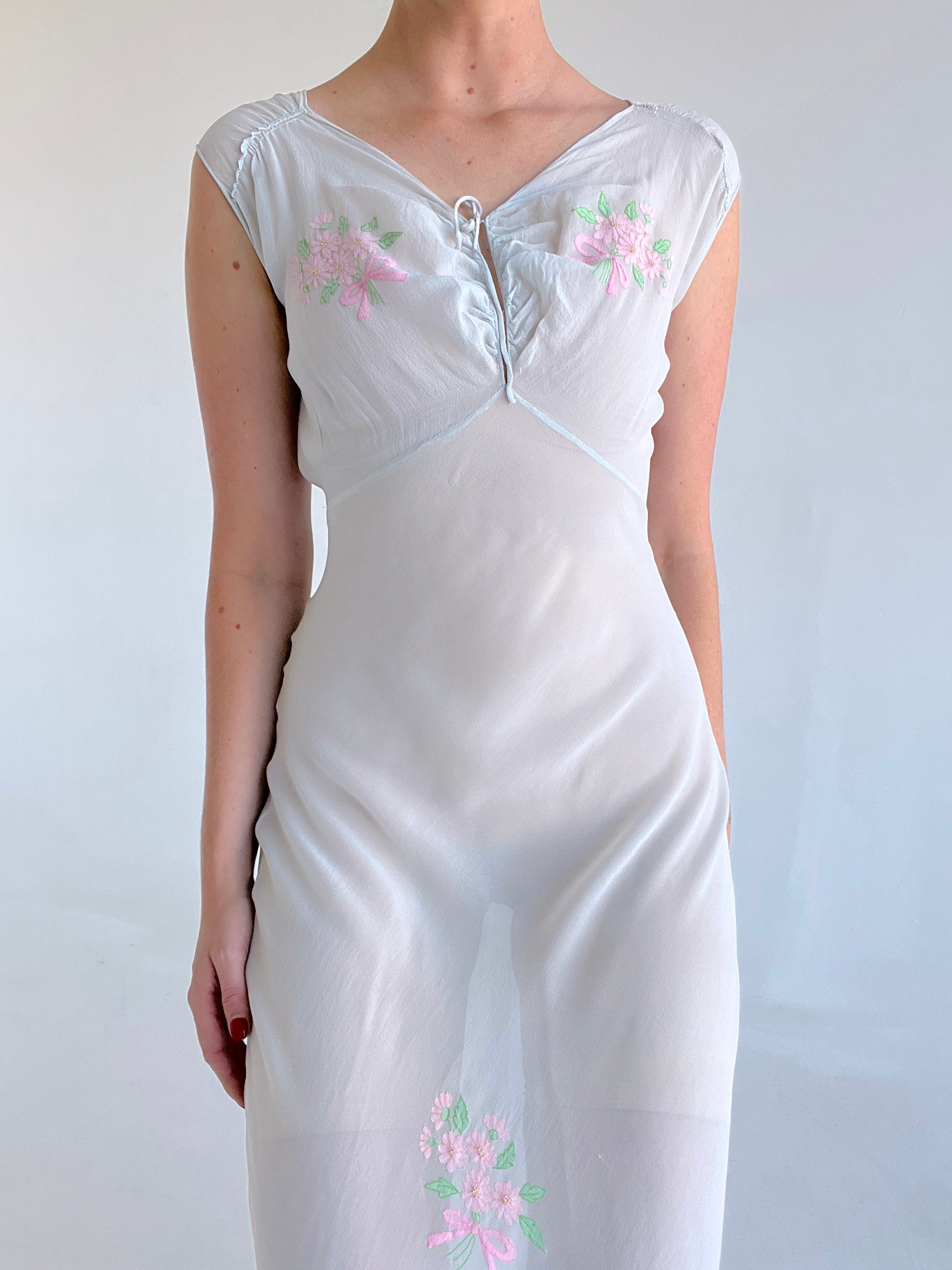 1940's  Pale Blue Silk Chiffon Slip Dress with Floral Bouquet Embroidery