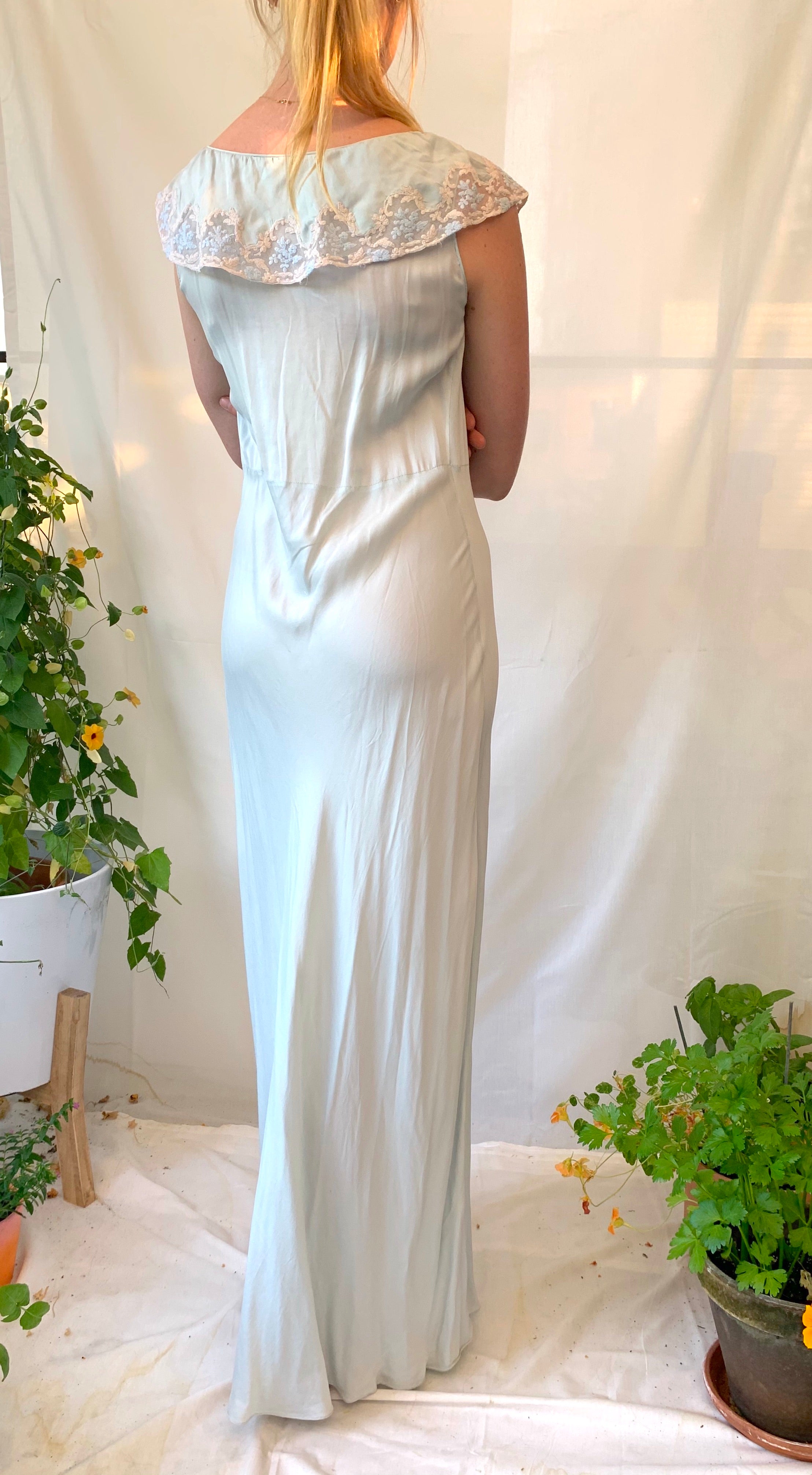 Light Blue Silk Dress with Lace Inserts Eveliina Vintage Light Blue Silk Dress with Lace Inserts Eveliina Vintage