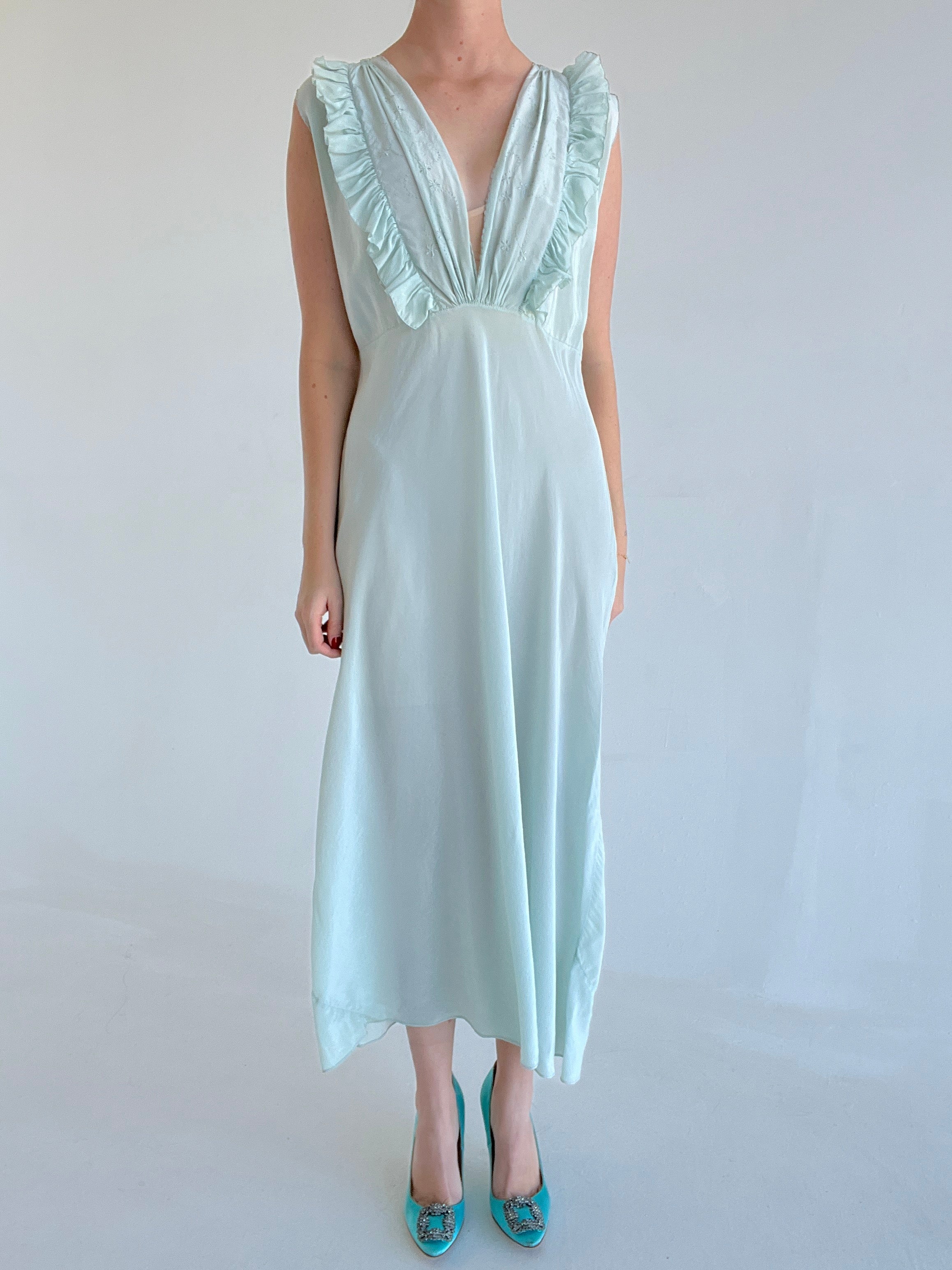 1930's Pale Turquoise Silk Dress with Ruffle and Embroidery