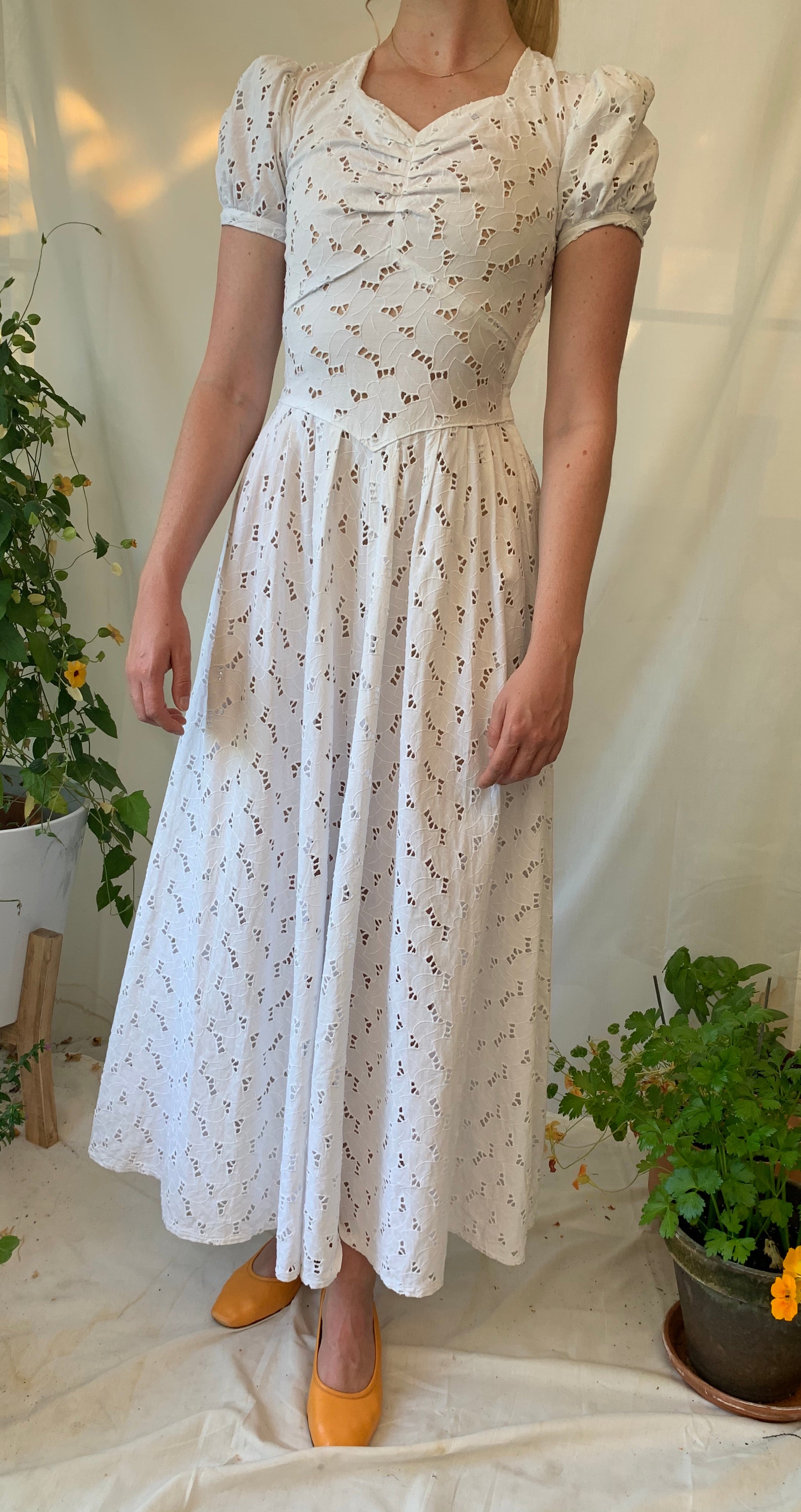 1940's White Cotton Open Leaf Embroidered Dress