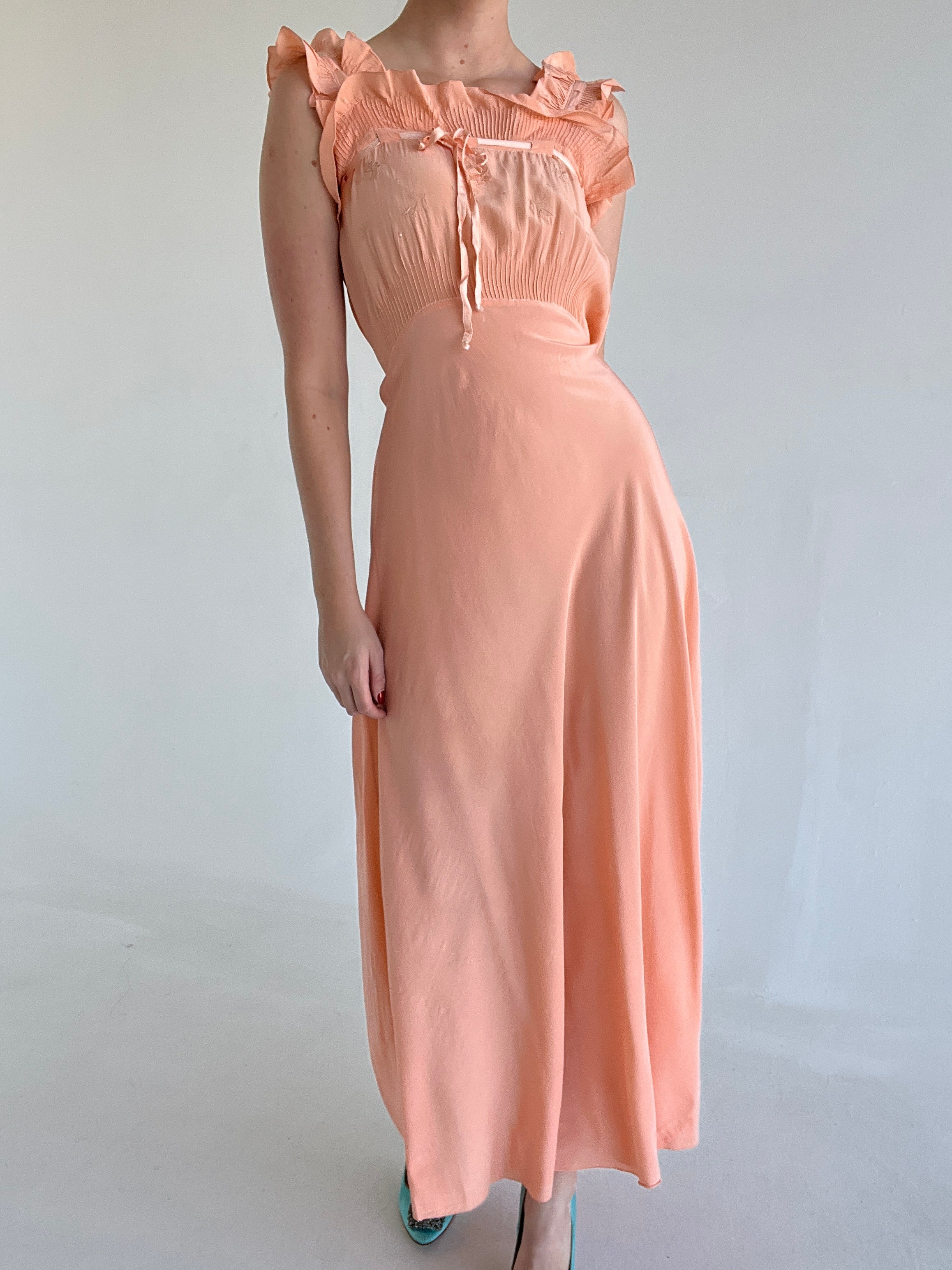 1930's Peach Silk Slip with Ruffles and Embroidery