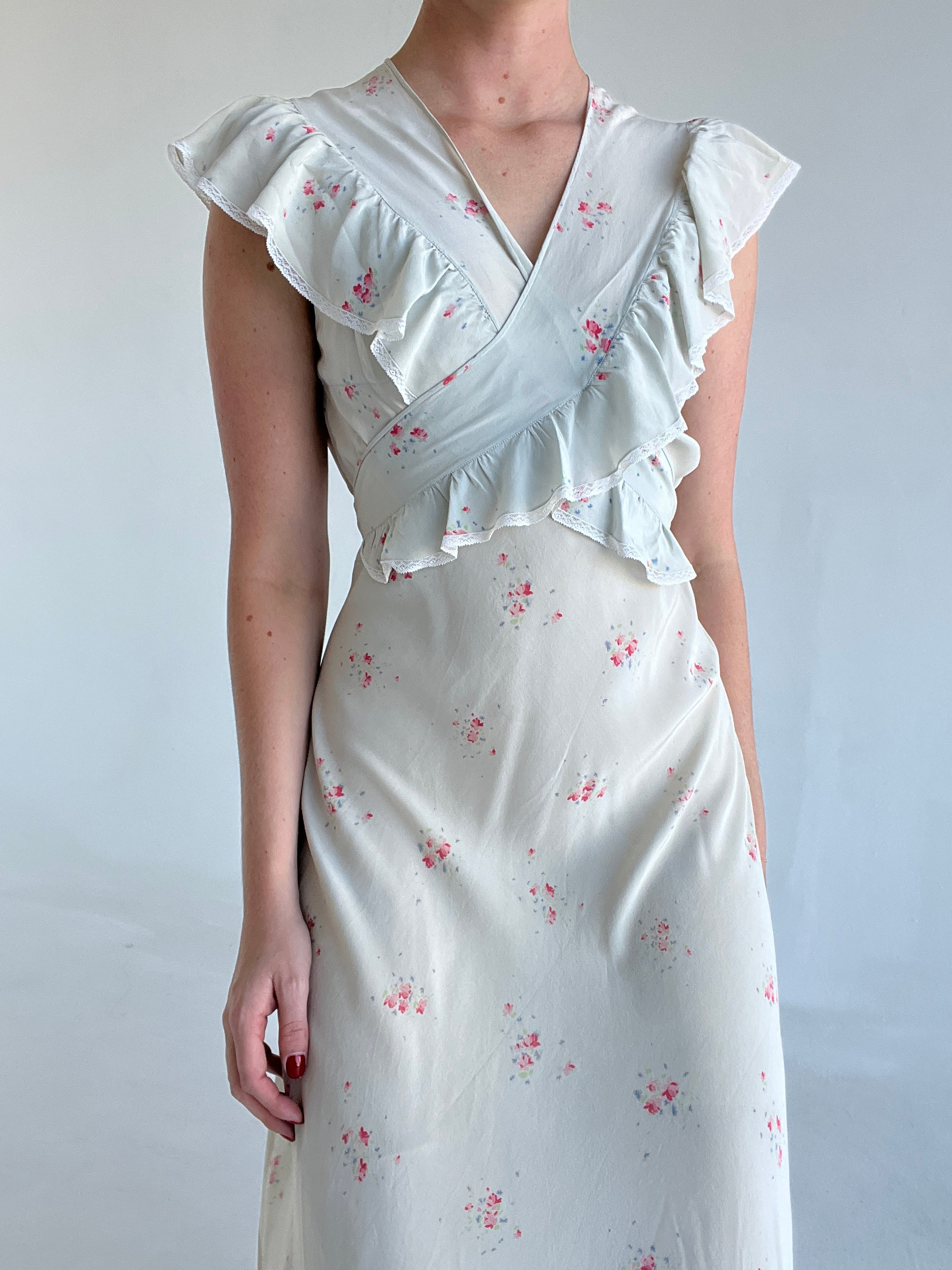 1930's Blue Grey Silk Dress with Wrap Ruffle and Pink Floral Print